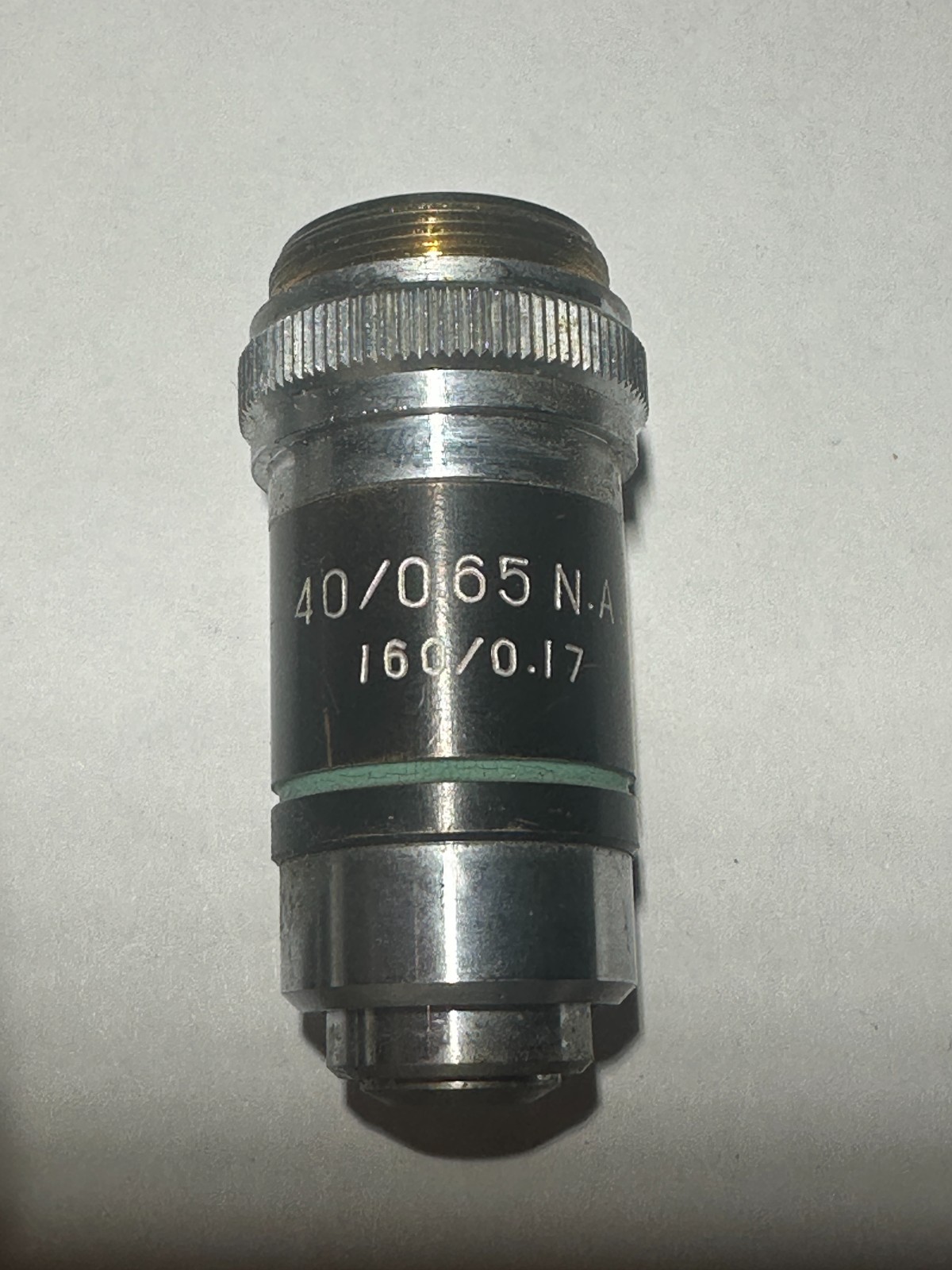 40/0.65 N.A. 160/0.17 Microscope Objective Bottom Green Stripe, Used