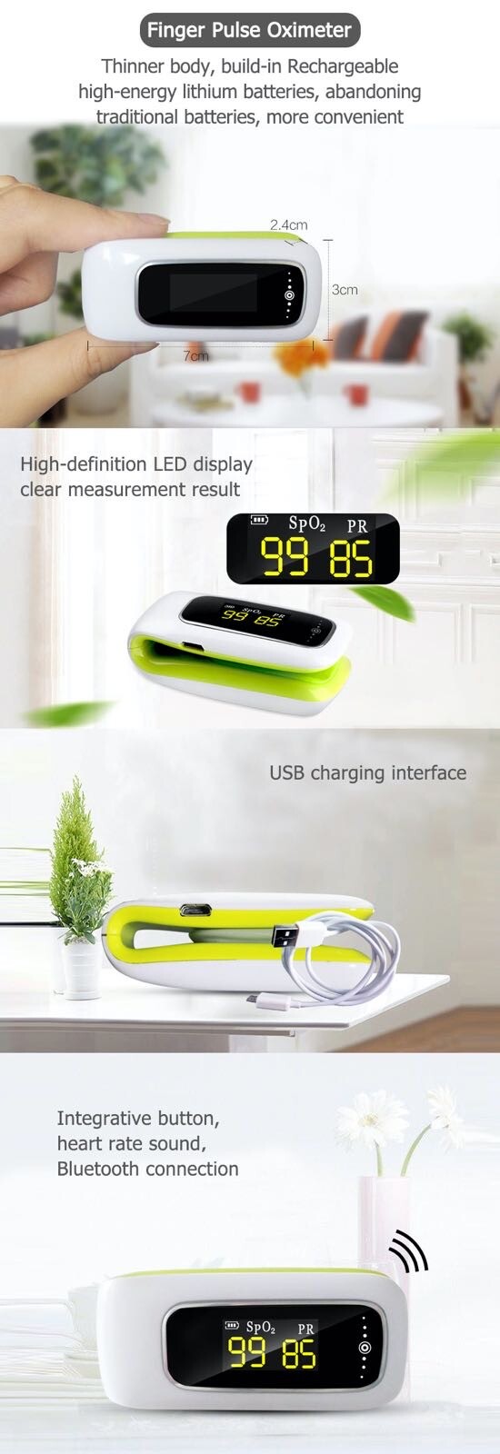 Bluetooth Fingertip Pulse Oximeter (Rechargeable)–SpO2 & PR Monitor IOS&Android
