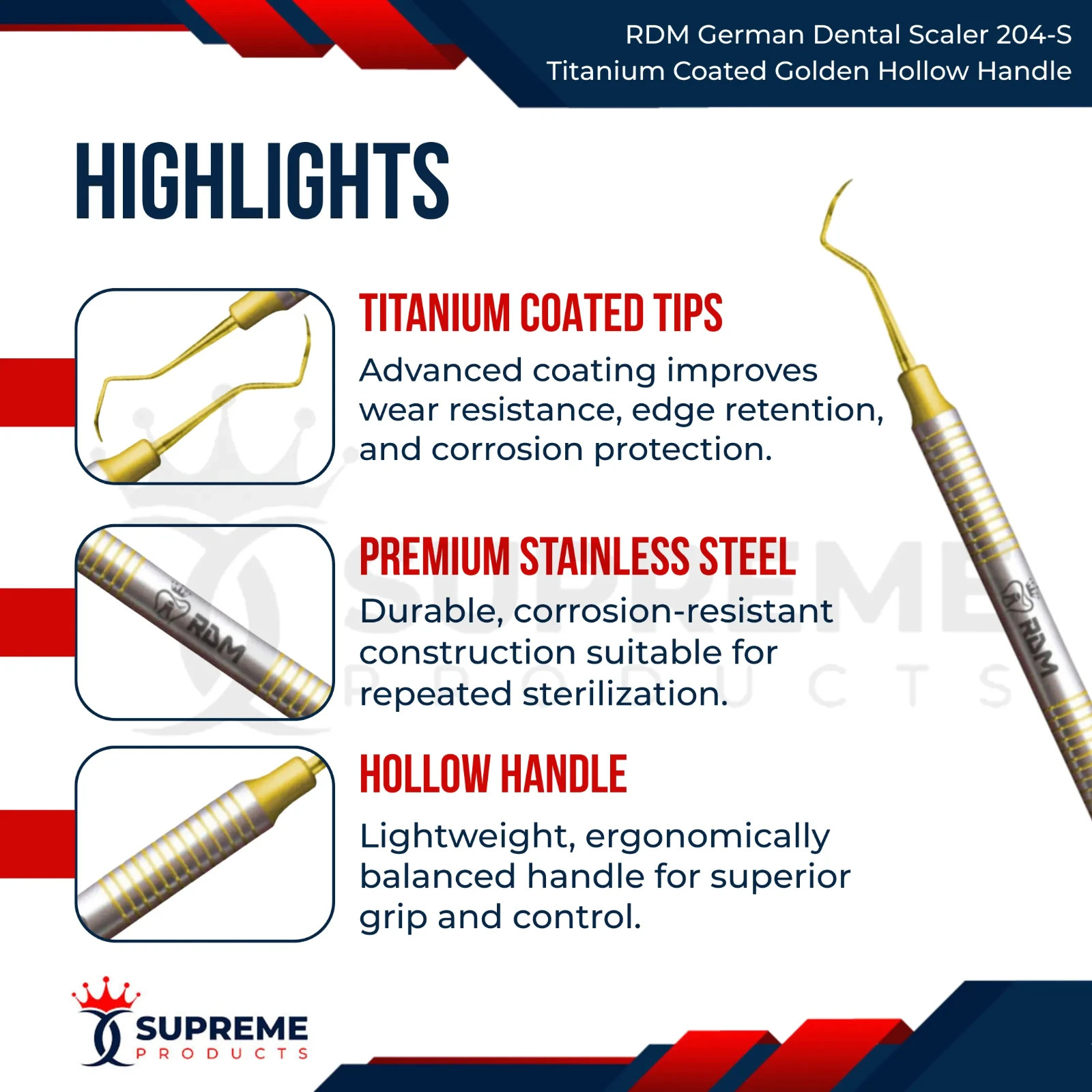 DENTAL SICKLESCALER, CURETTES 204S POSTERIOR HOLLOW
