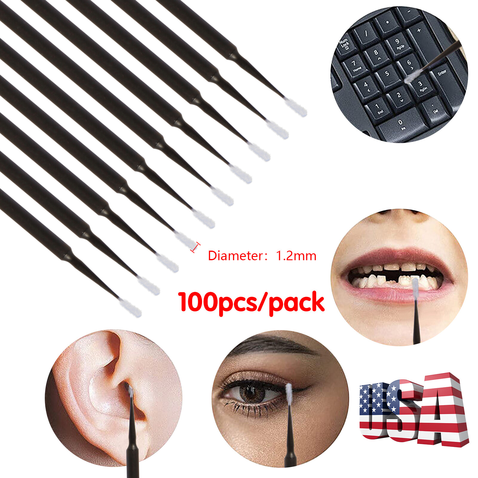 100Pcs Dental Micro Brush Disposable Materials Applicators Tips Black 1.2mm TS