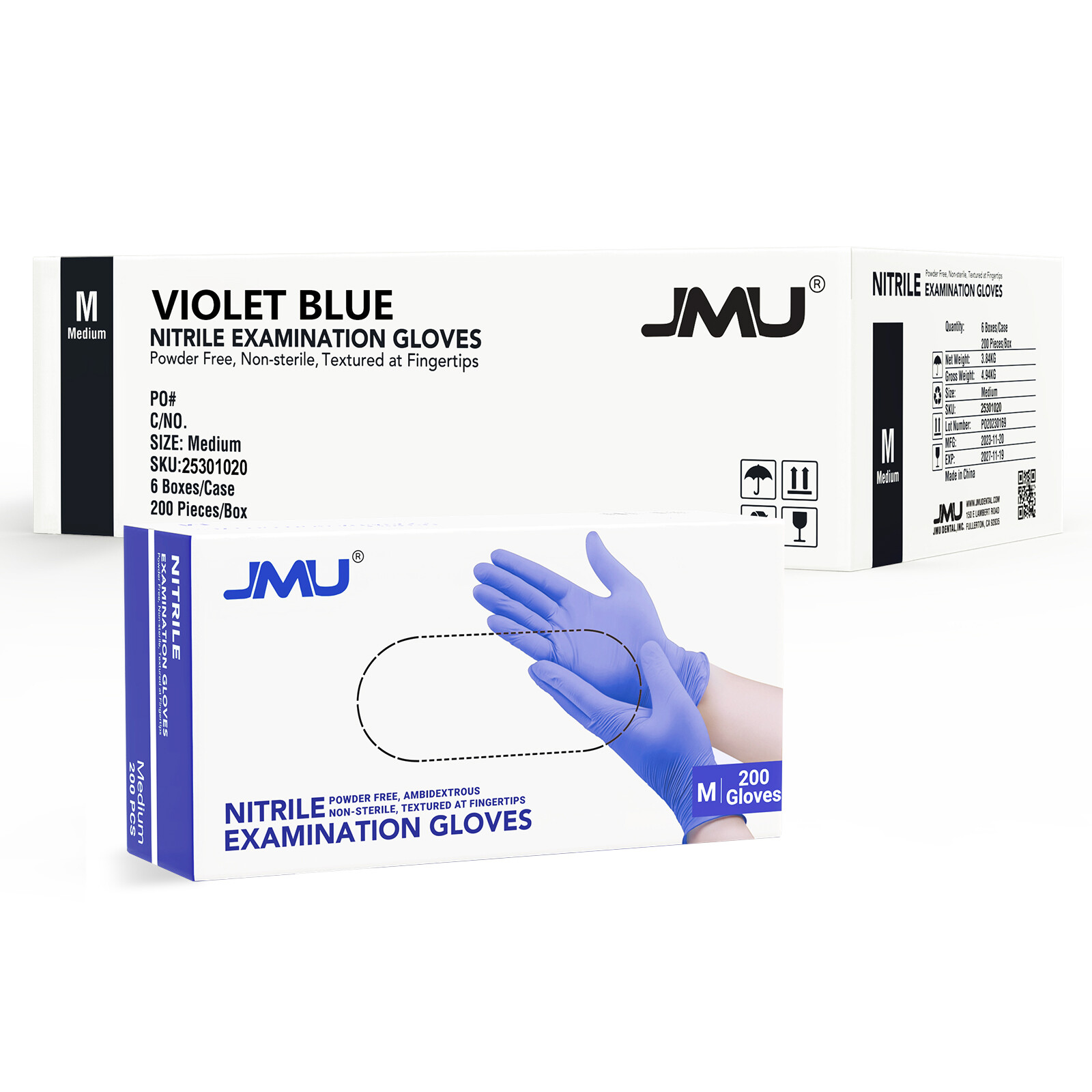 1200/CASE JMU Medical Nitrile Exam Gloves 3.5 Mil Latex & Powder Free, XS/S/M/L