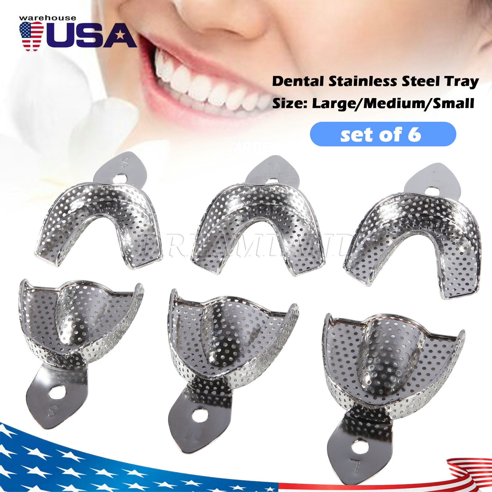 6 Pcs Perforated Metal Dental Impression Trays Set Edentulous Instruments CE