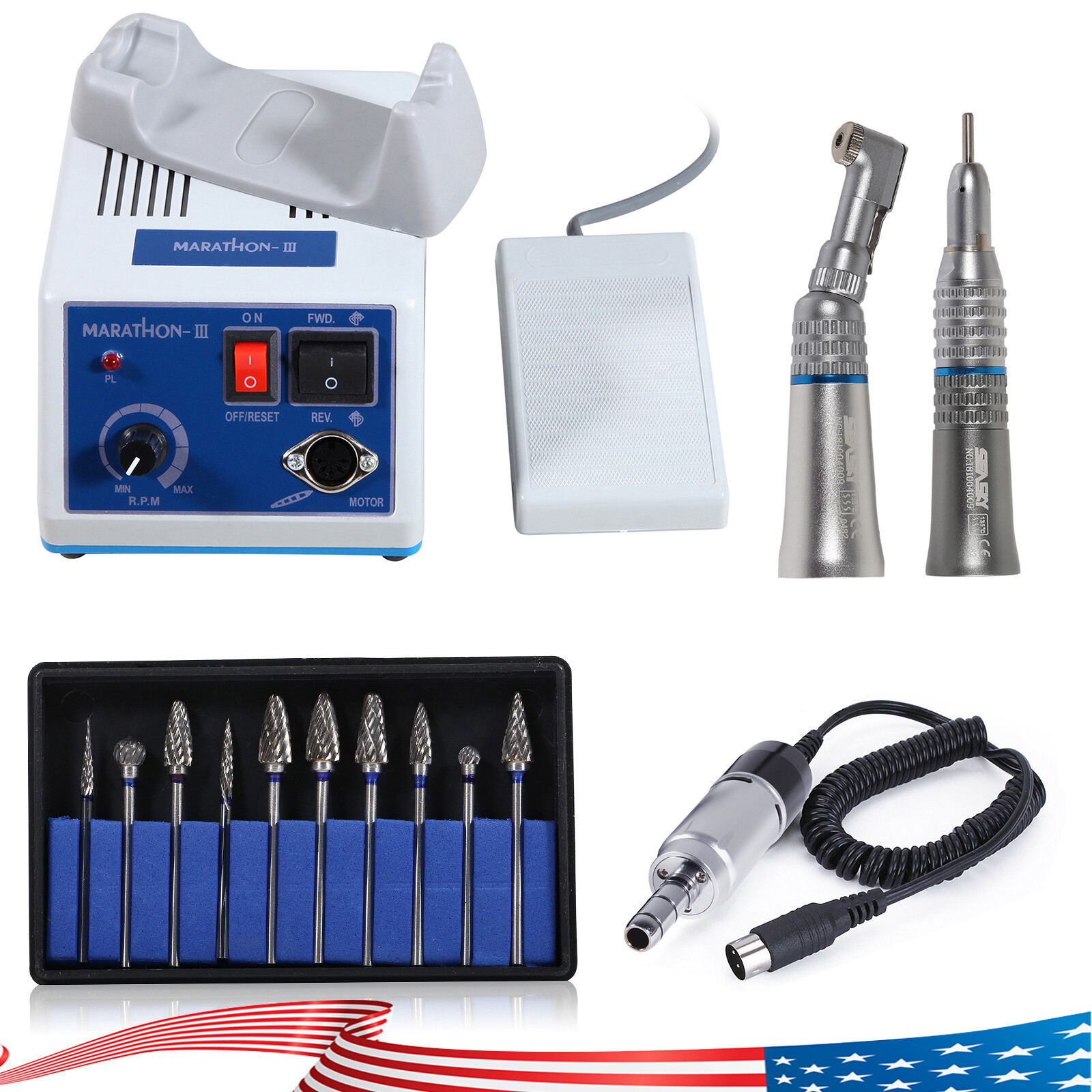 Dentist Lab MARATHON Handpiece 35K RPM Electric Micromotor Polisher 10 Bur Drill