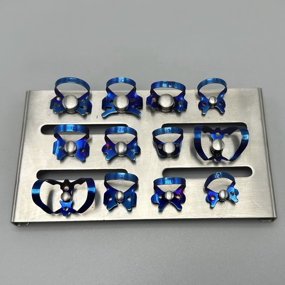 13Pcs/Kit Endodontic Rubber Dam Clamp Blue Dental Instruments With Tray Holder