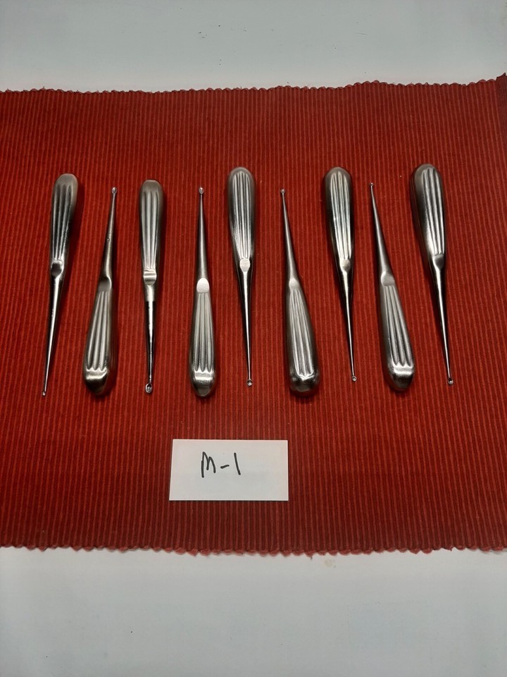 Set Of 9 Codman Aesculap Jarit V.Mueller Bone Cup Curettes Spinal Orthopedics