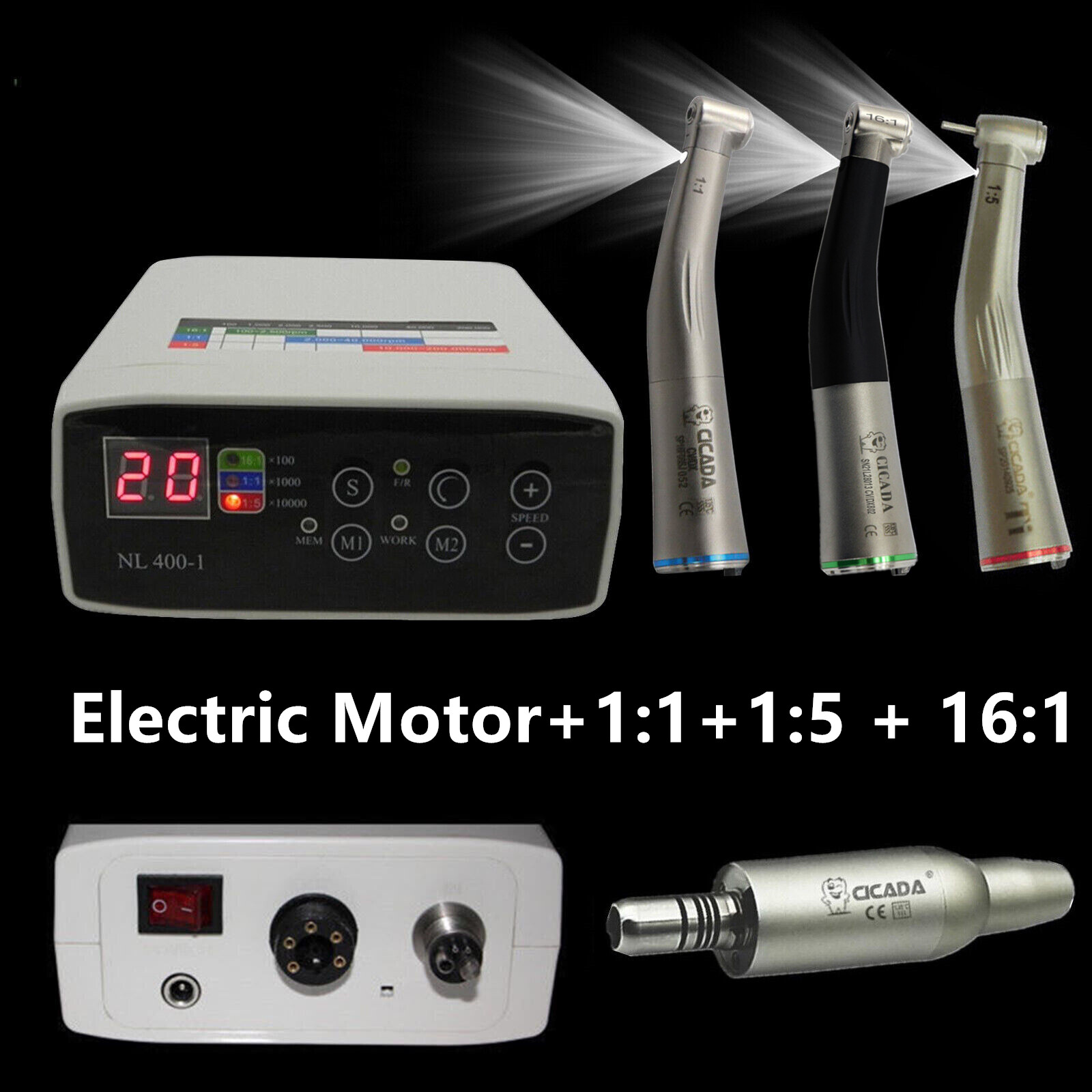 CICADA Dental Electric Motor + 1:1 + 1:5 + 16:1 LED Handpiece Contra Angle