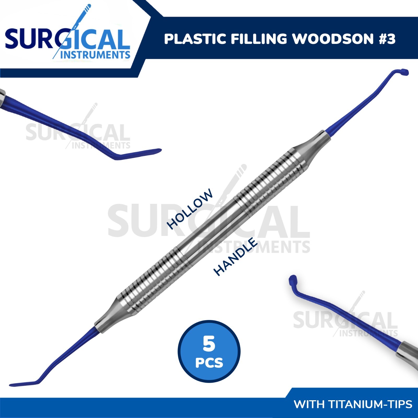 5 Plastic Filling Woodson #3 Blue Titanium Tips with Hollow Handle German Grade