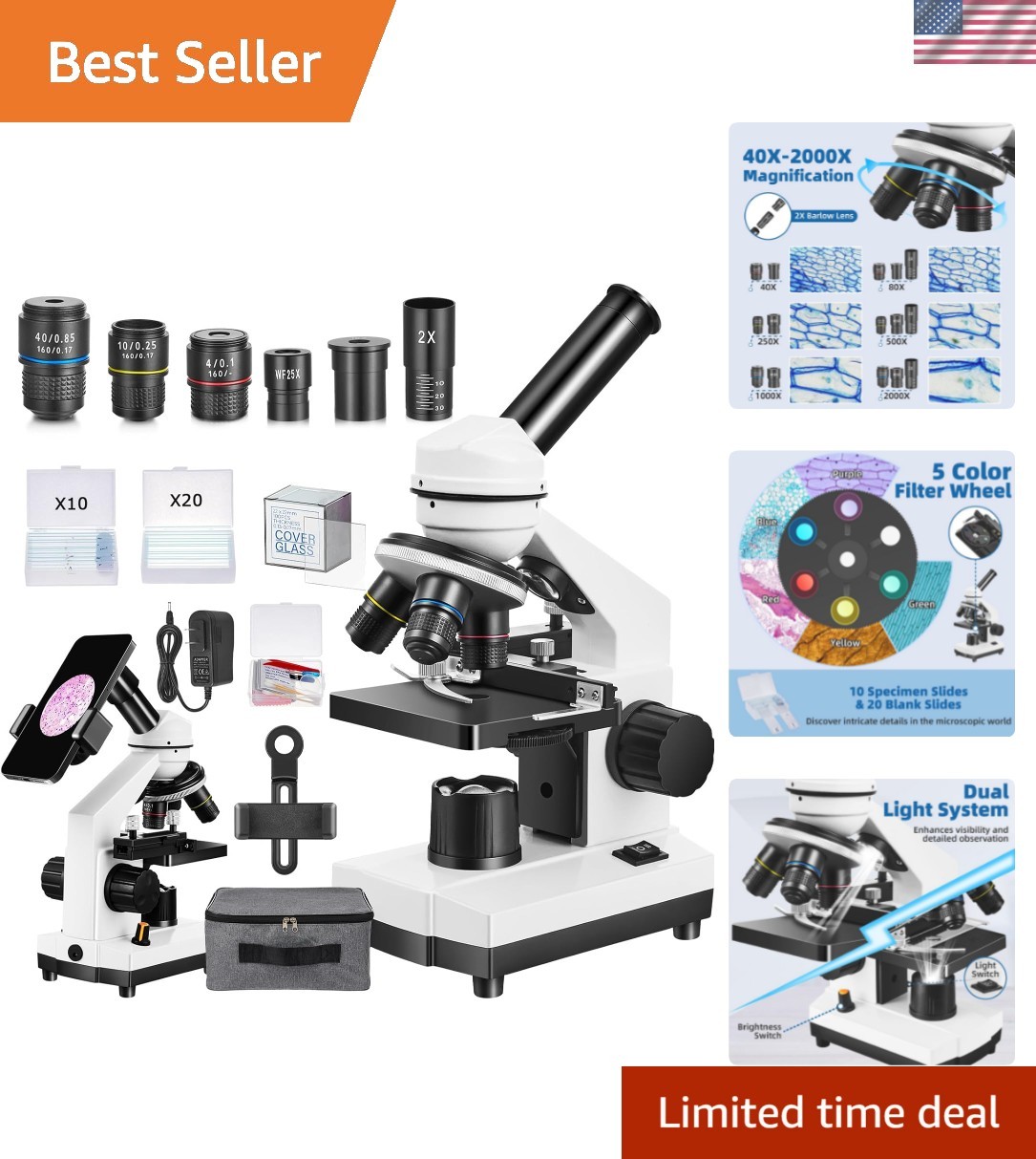 High Magnification Microscope Kit for Science Exploration with LED Illumination