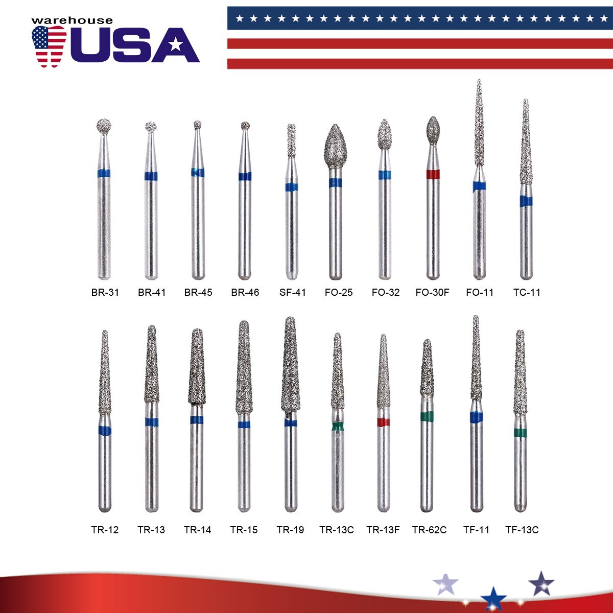 100pcs Dental Diamond Friction Grip Burs for High Speed Handpiece Medium 1.6mm