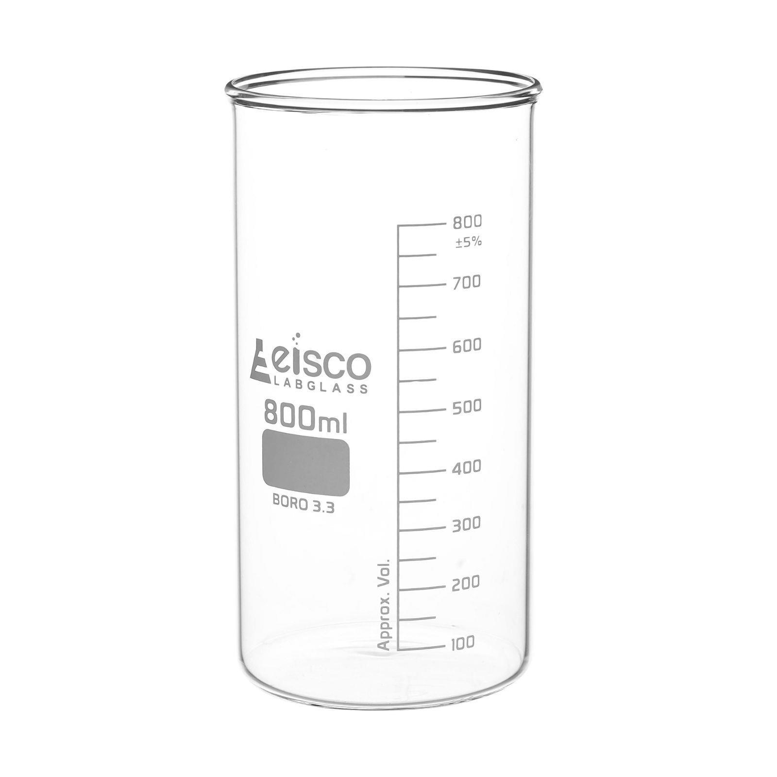 Beakers 6PK, 800mL – Tall Form, No Spout – Borosilicate Glass – Eisco Labs