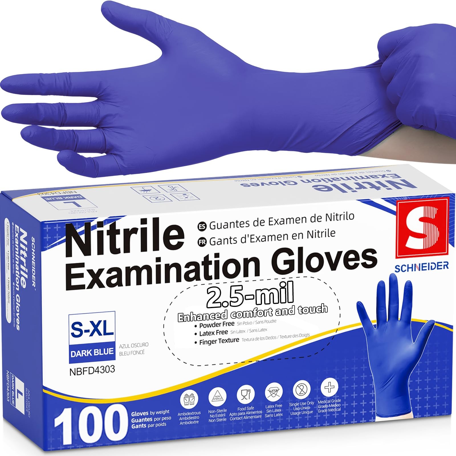 Schneider Medical Nitrile Exam Gloves, Dark Blue, Disposable Small, Blue