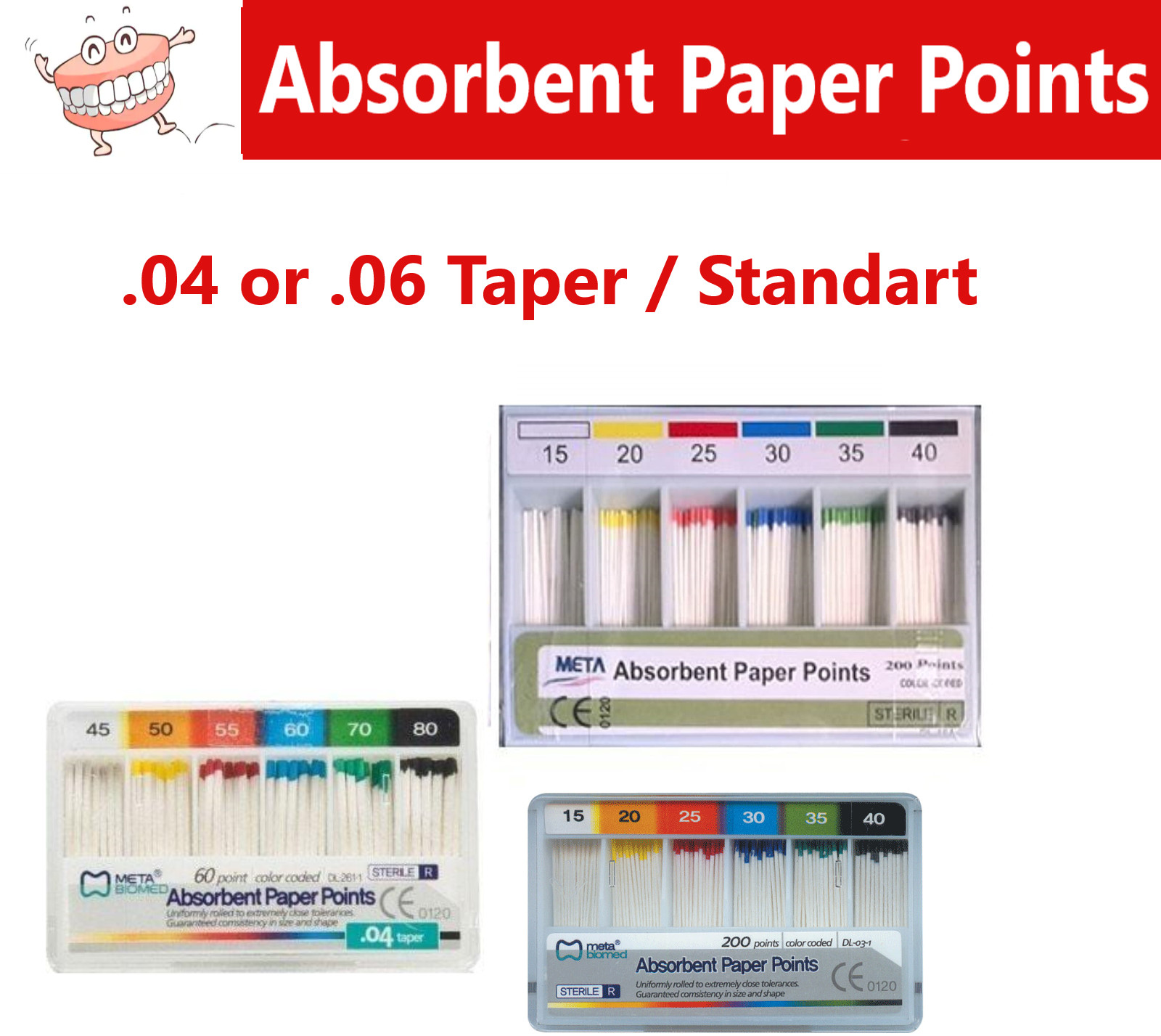 Dental Absorbent Paper Points Special Taper .04 or .06, Sizes #15-#80 Cell Pack