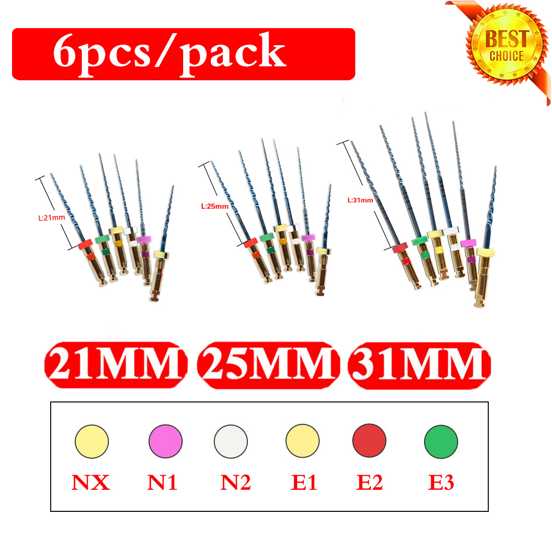 6pc/Pack Dental Endo Rotary Files NX-E3 NITI Root Canal Safe Files 21/25/31MM