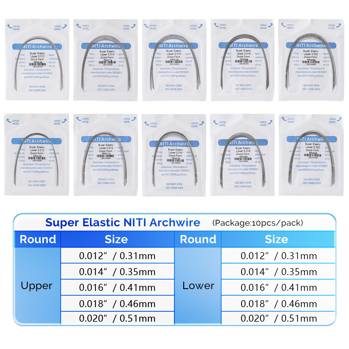 10pcs AZDENT Dental Orthodontic Super Elastic Niti Round Arch Wire Ovoid Form