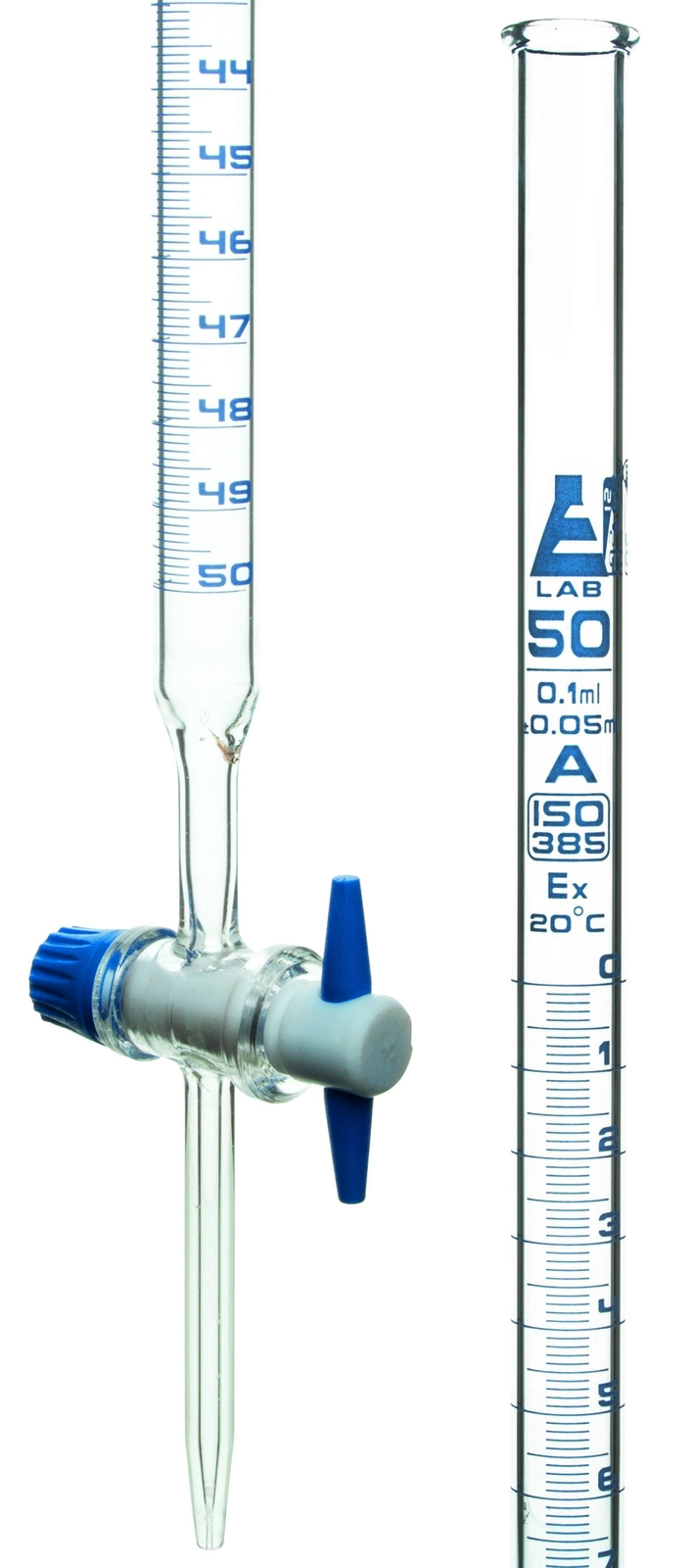 Borosilicate Burette, PTFE Stopcock, 50mL cap, 0.10mL grad, Class A