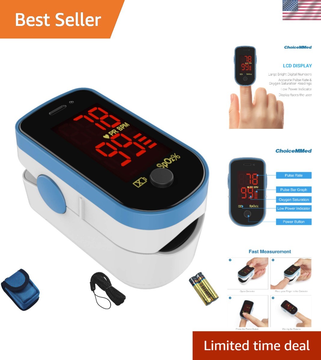 Finger Pulse Oximeter Blue Blood Oxygen Monitor with Batteries Portable SpO2 …