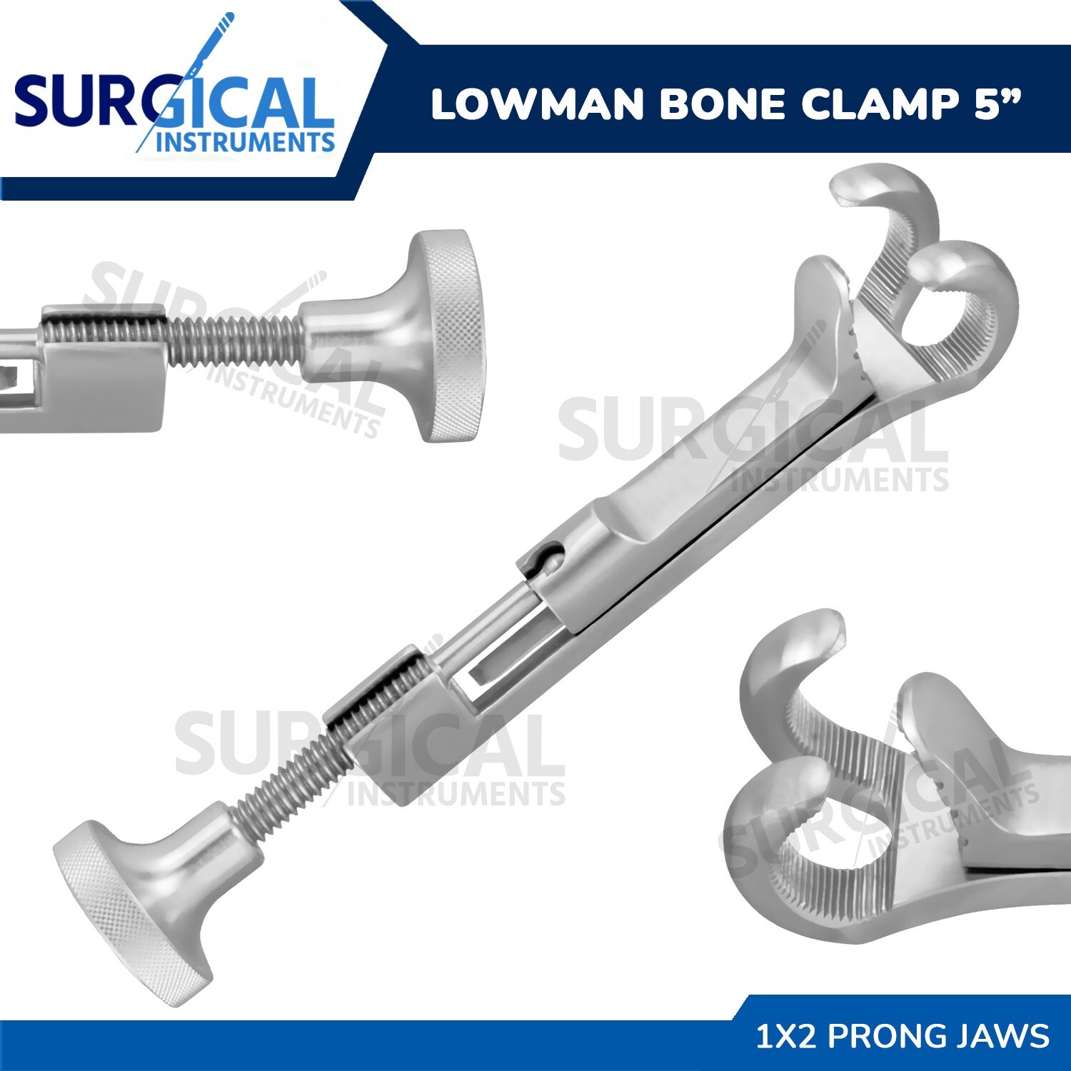 Lowman Bone Clamp 5″ 1×2 Prong Jaws 3/4″ calibrate 1/8″ Stainless German Grade