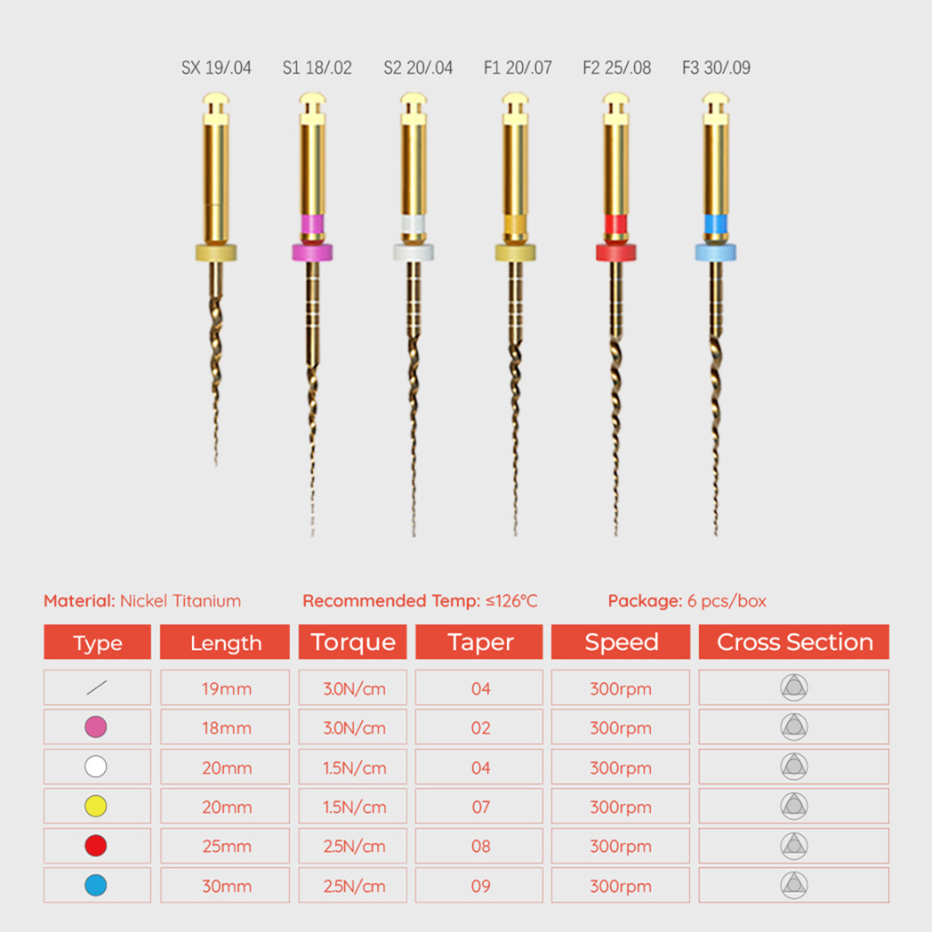 6 PCS Gold SX-F3 21mm/25mm/31mm NiTi Rotary Files for Dentsply Dental Endo Motor