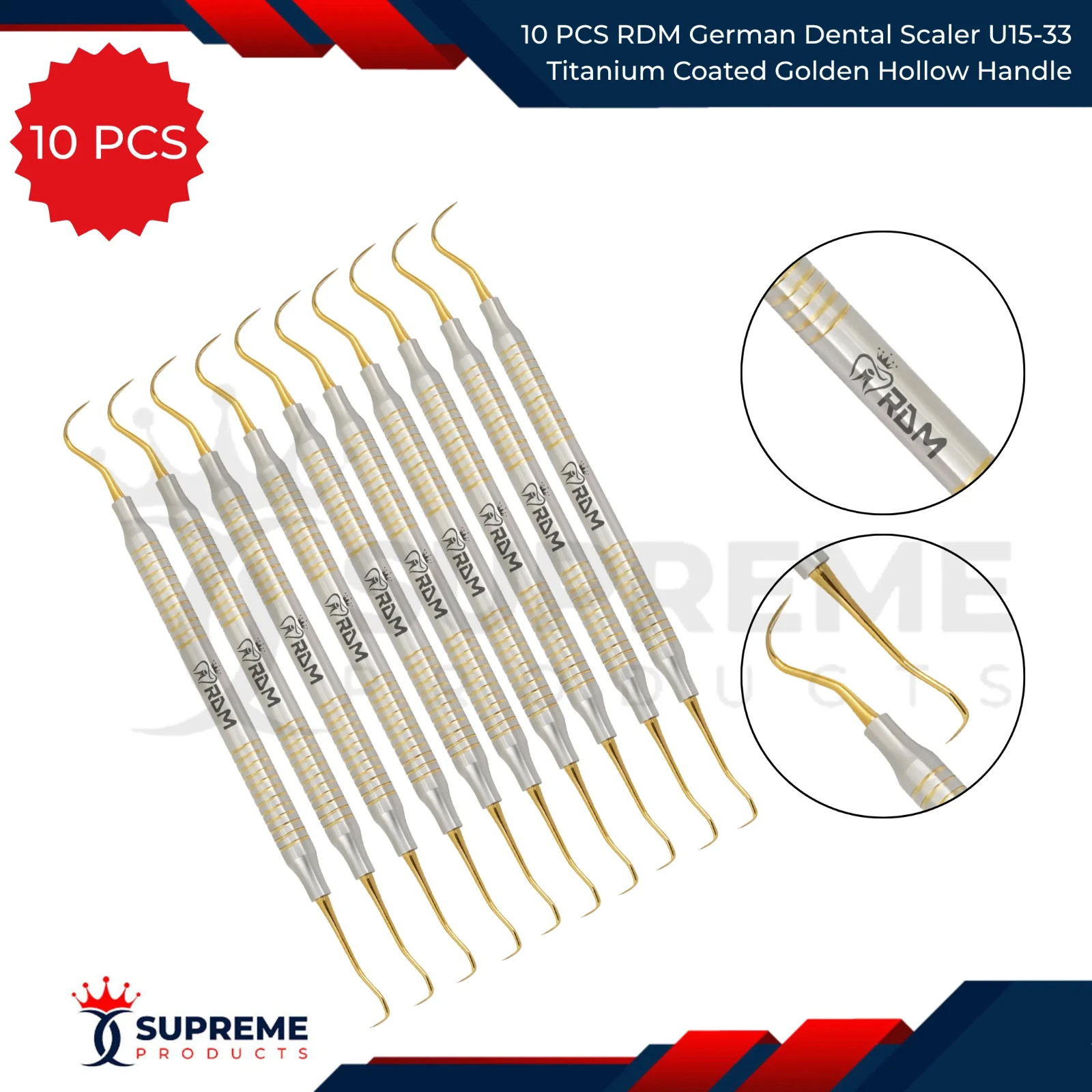 10 PCS RDM German Dental Scaler U15-33 Titanium Coated Golden Hollow Handle