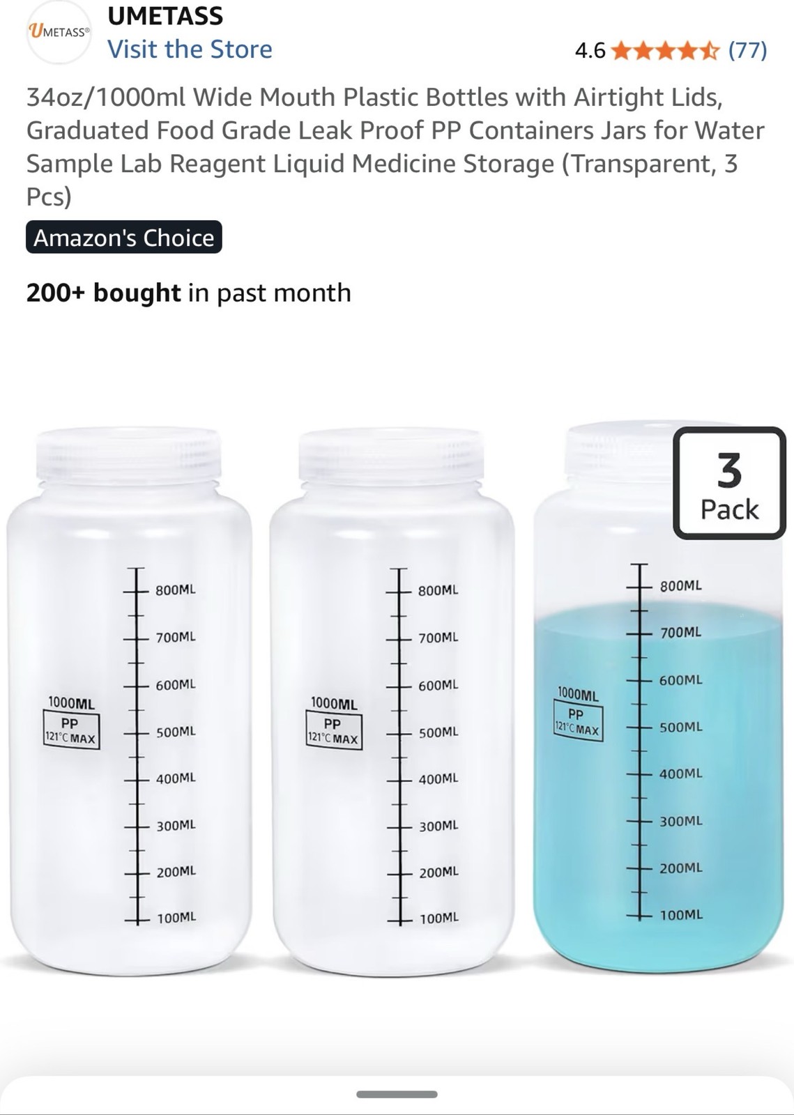 UMETASS 3 Pack 34oz 1000ml Wide Mouth Plastic Bottles Graduated Lab Jar