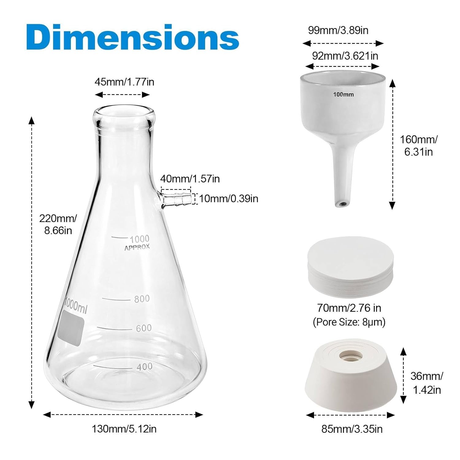 1L Buchner Funnel Filtering w/ Filter Flask, 100mm Ceramic Funnel, Filter Paper