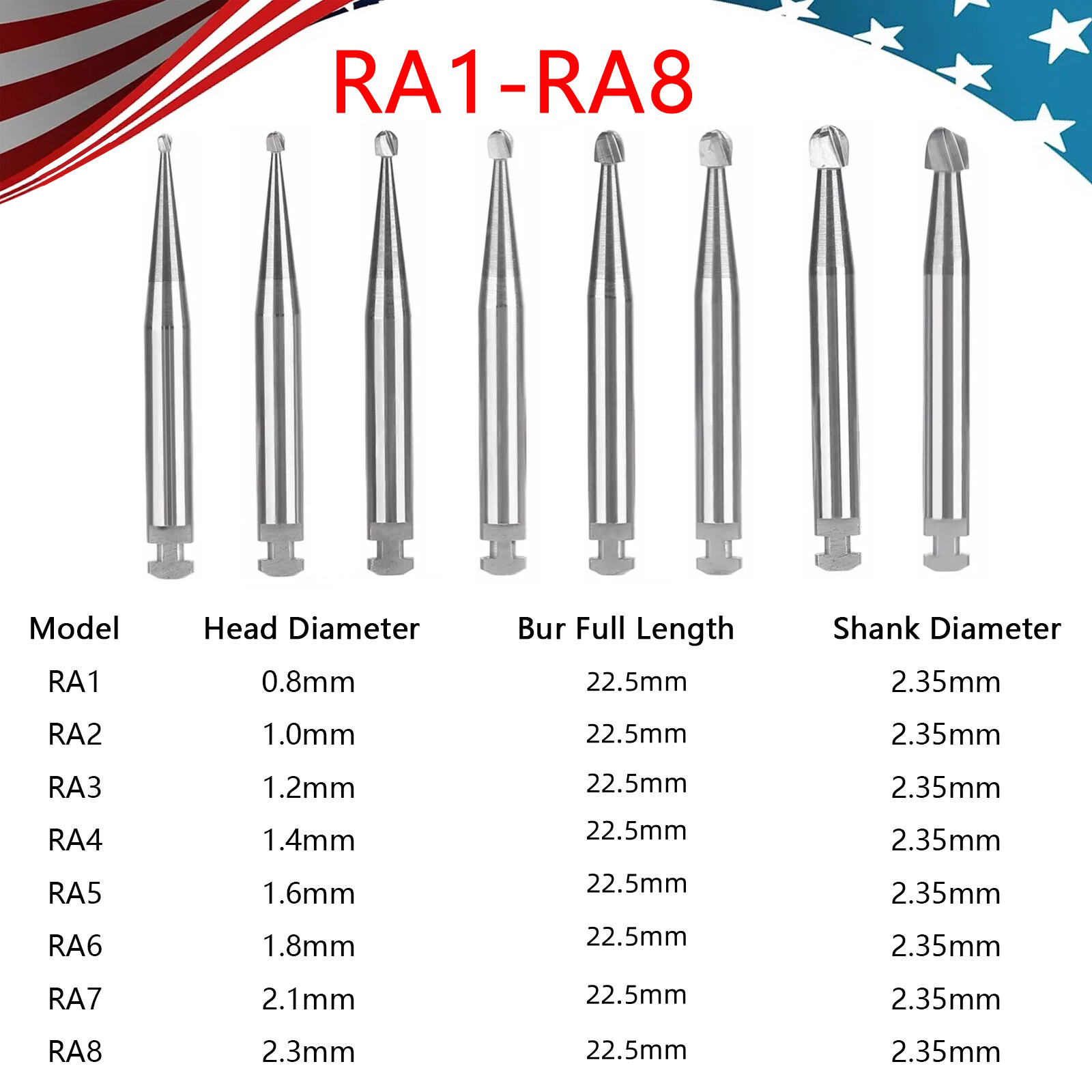 5-100 Dental Carbide Round Burs Regular Length Latch Burs Low Speed RA 2 4 6 Y