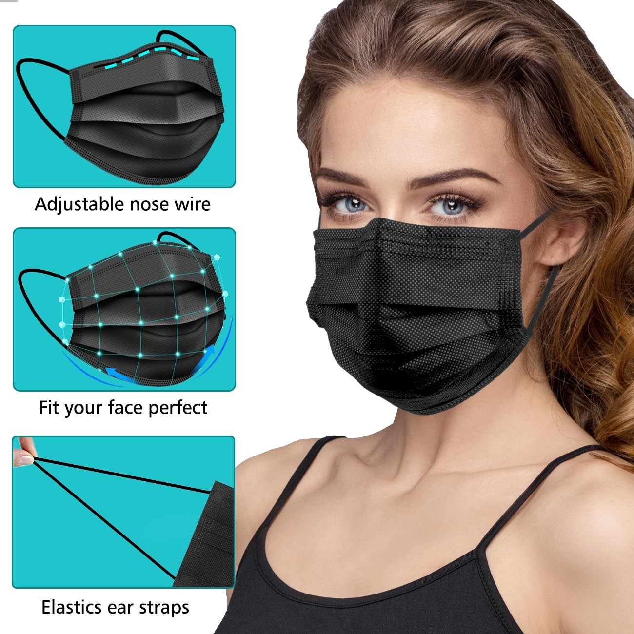 100 PCS Disposable Face , Black Disposable , 3 Ply Protection Face