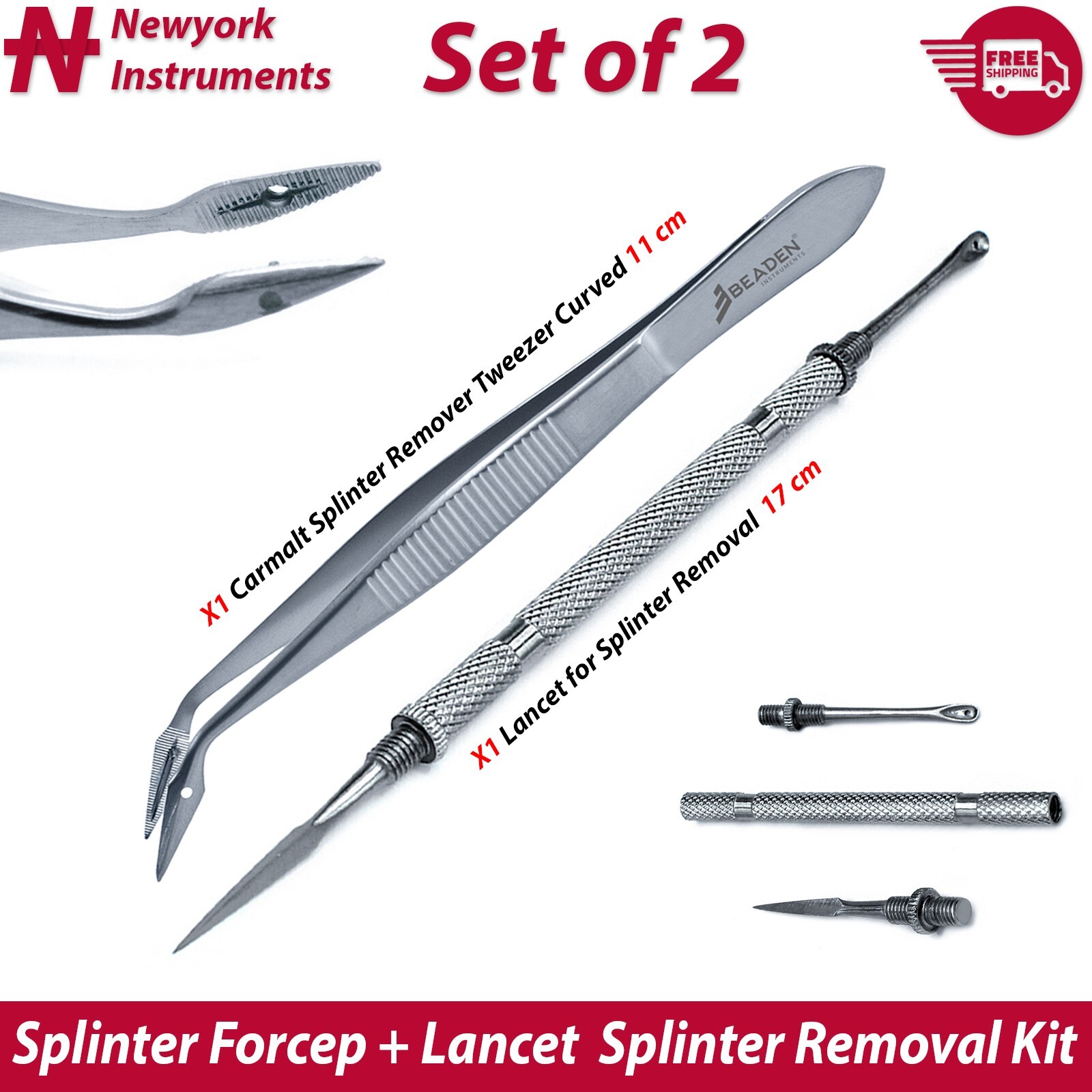 Set of 2 Carmalt Splinter Forcep Tweezer Curved and Lancet Splinter Removal Kit