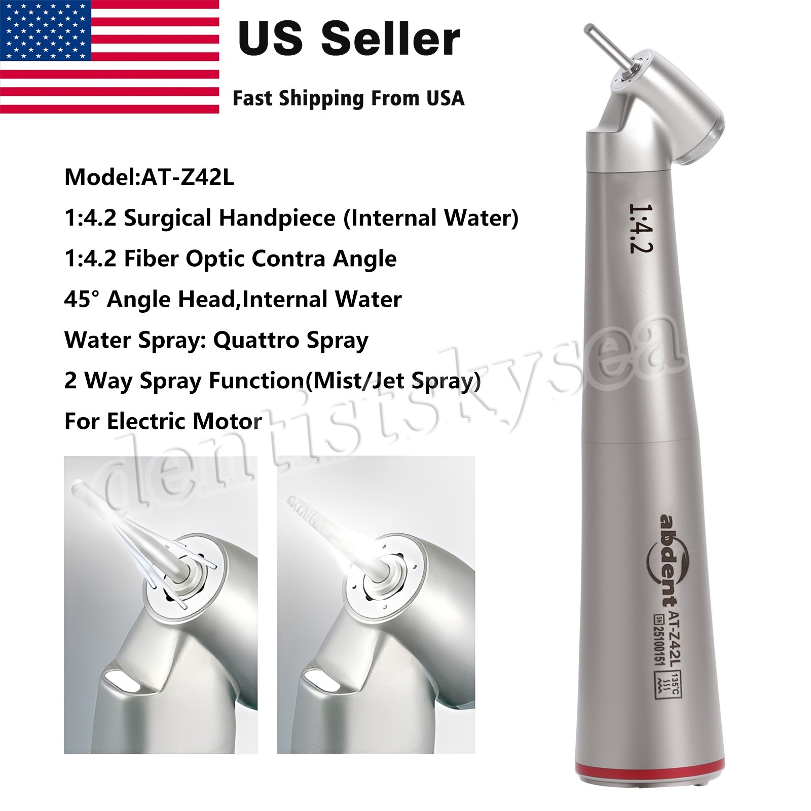 Abdent Dental 1:4.2 LED Fiber Optic Quattro Spray Contra Angle Handpiece
