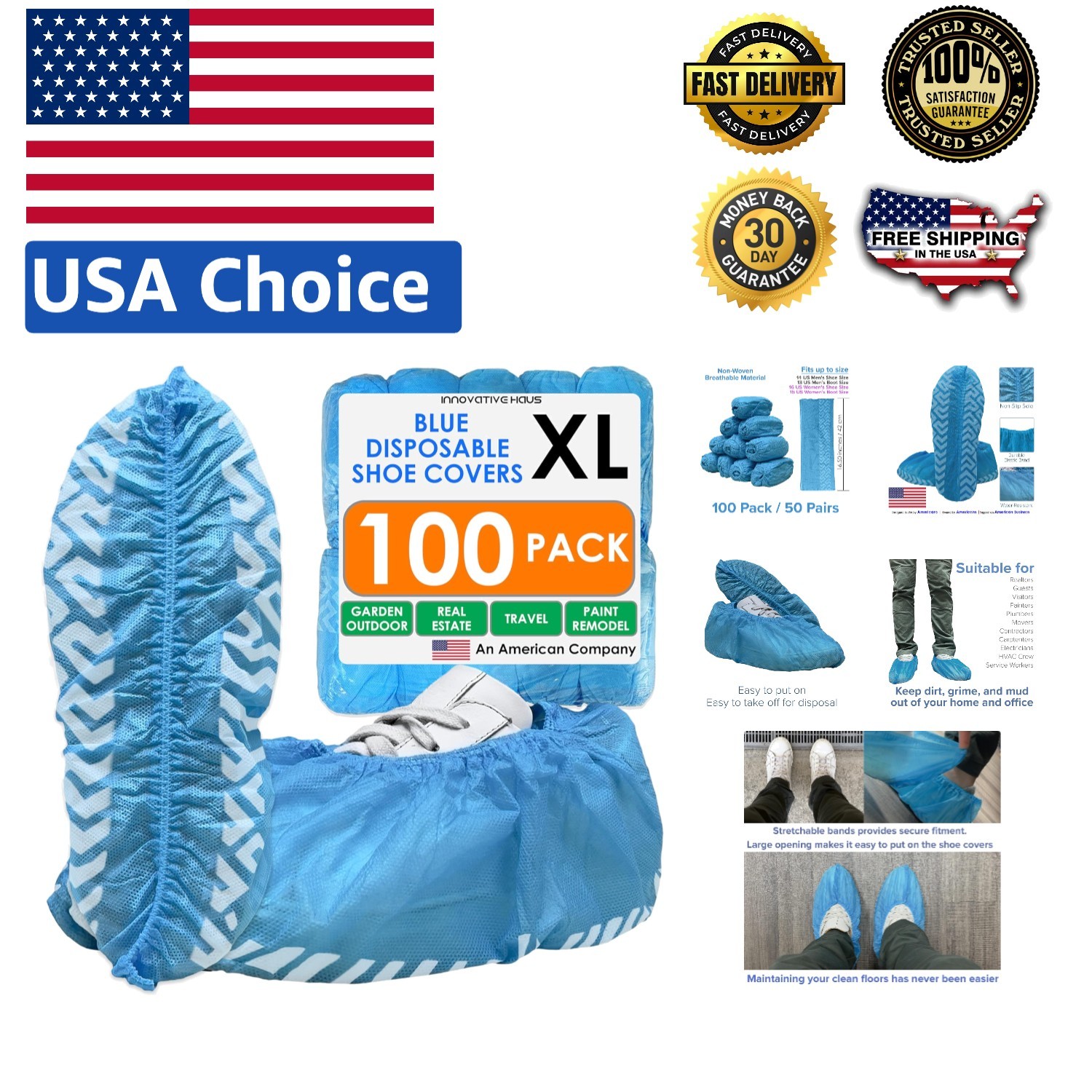 Indoor Blue Non-Slip Boot Covers – Water Resistant, 100 Pack, Extra Large Fit