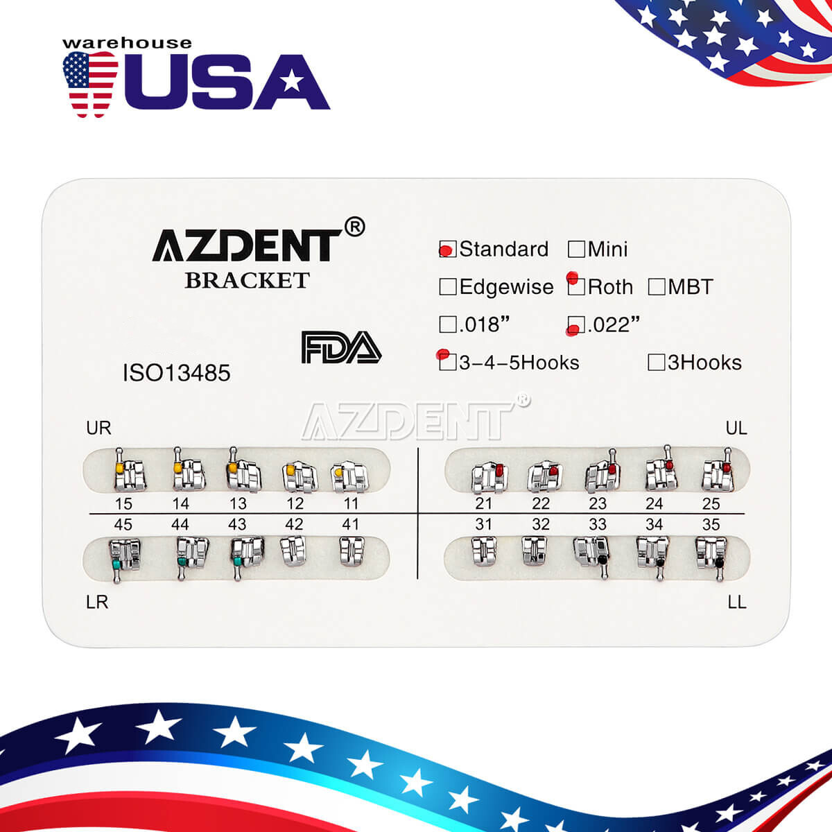 20X AZDENT Roth Slot.022 Hook 345 Dental Orthodontic Metal Bracket Standard USPS
