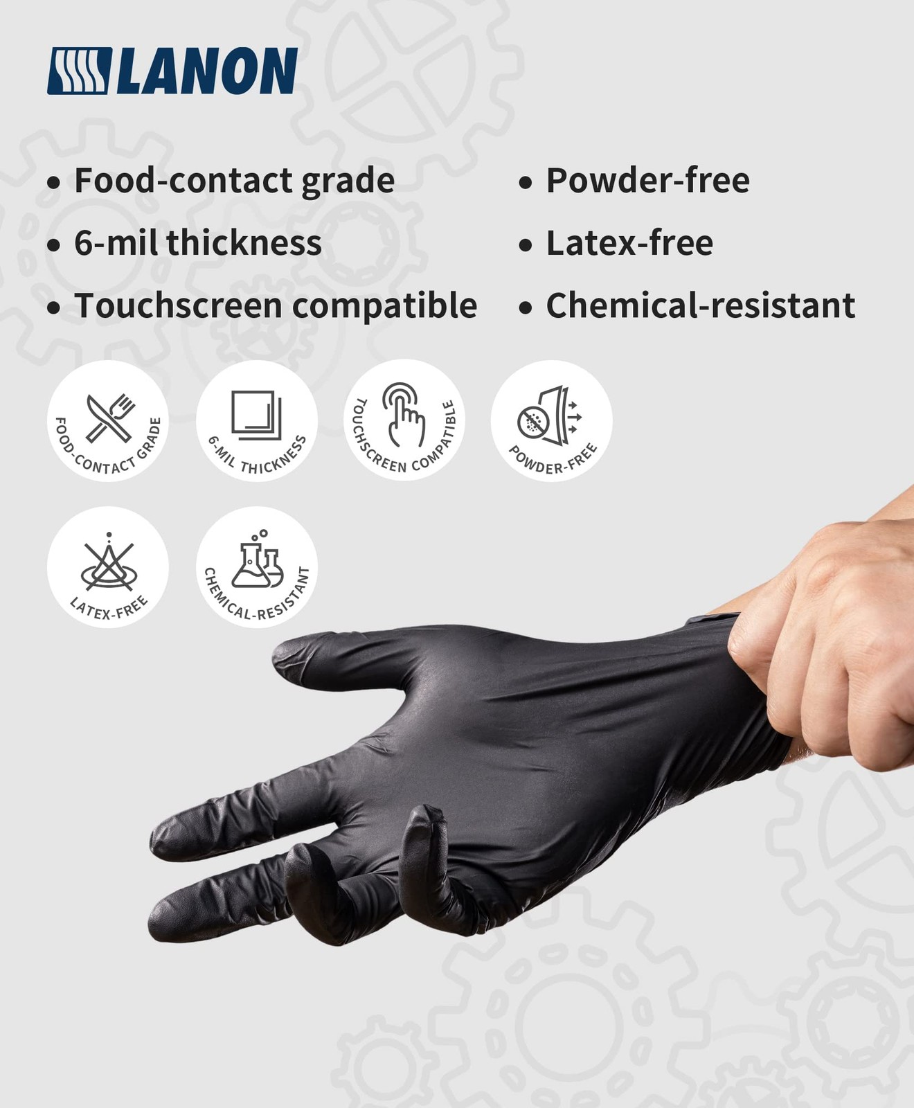 LANON 6-mil Black Nitrile Disposable Gloves, Food-Safe, Powder-Free, Heavy-Du…