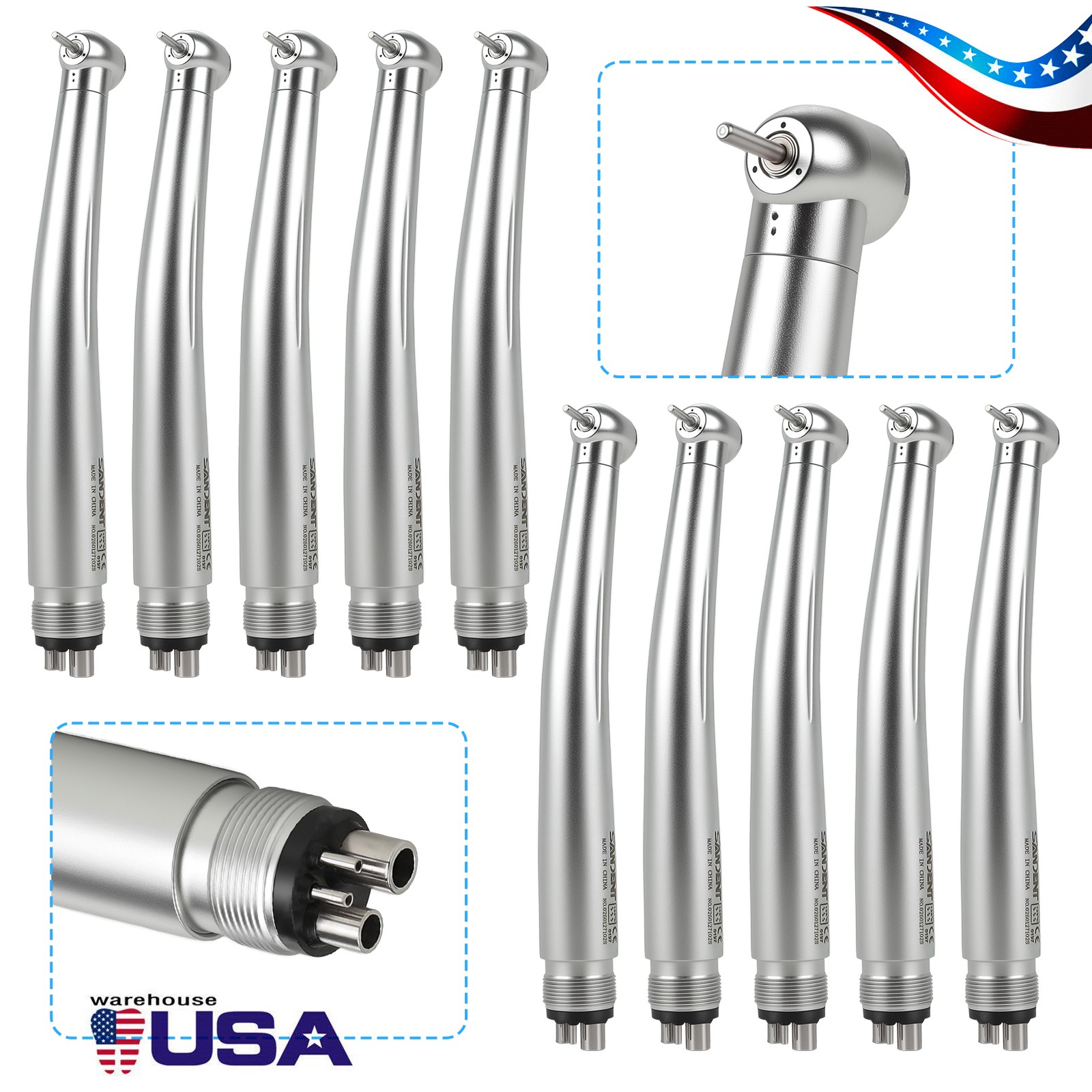 10 SANDENT NSK Style Dental High Speed Handpiece Push Button Standard 4 Hole M4
