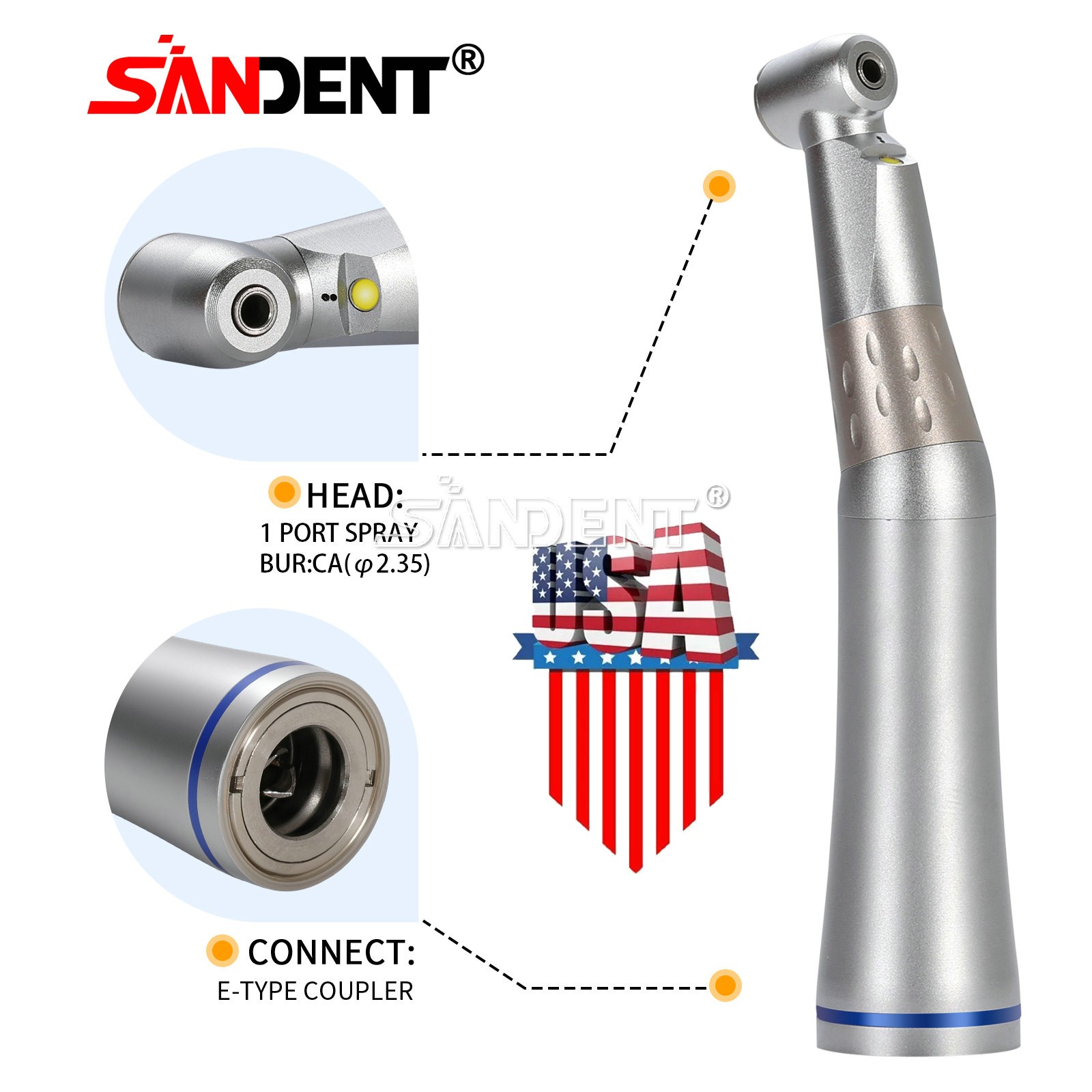 SANDENT 1:1 LED E-generator Fiber Optic Handpiece Contra Angle Inner Channel USA