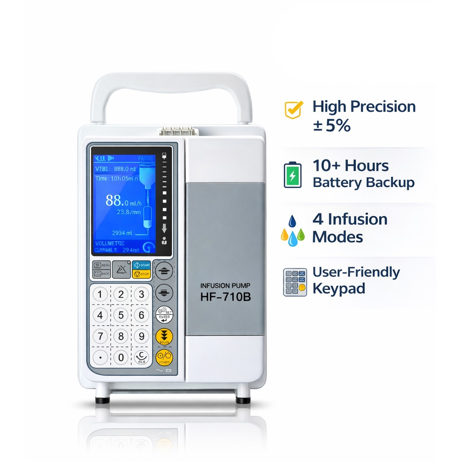 Infusion Pump HF-710B, ±5% Accuracy, 4 Modes, 1200ml/h, 10h Battery, LCD