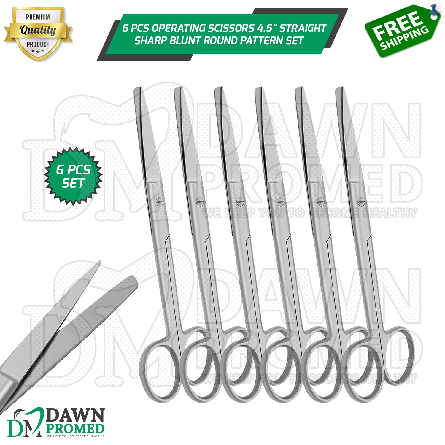 6 Pcs Operating Scissors 4.5″ Straight Sharp Blunt Round Pattern Surgical Set