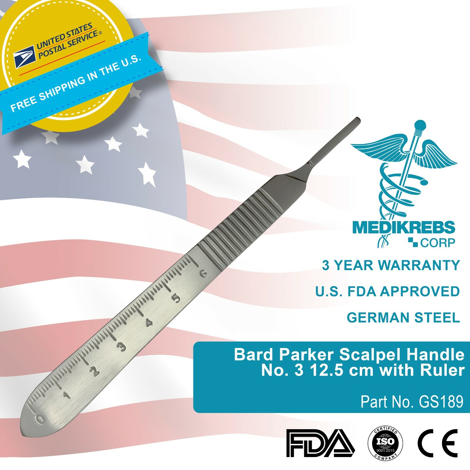 Bard Parker Scalpel Handle No. 3 12.5 cm with Ruler Surgical Instrument