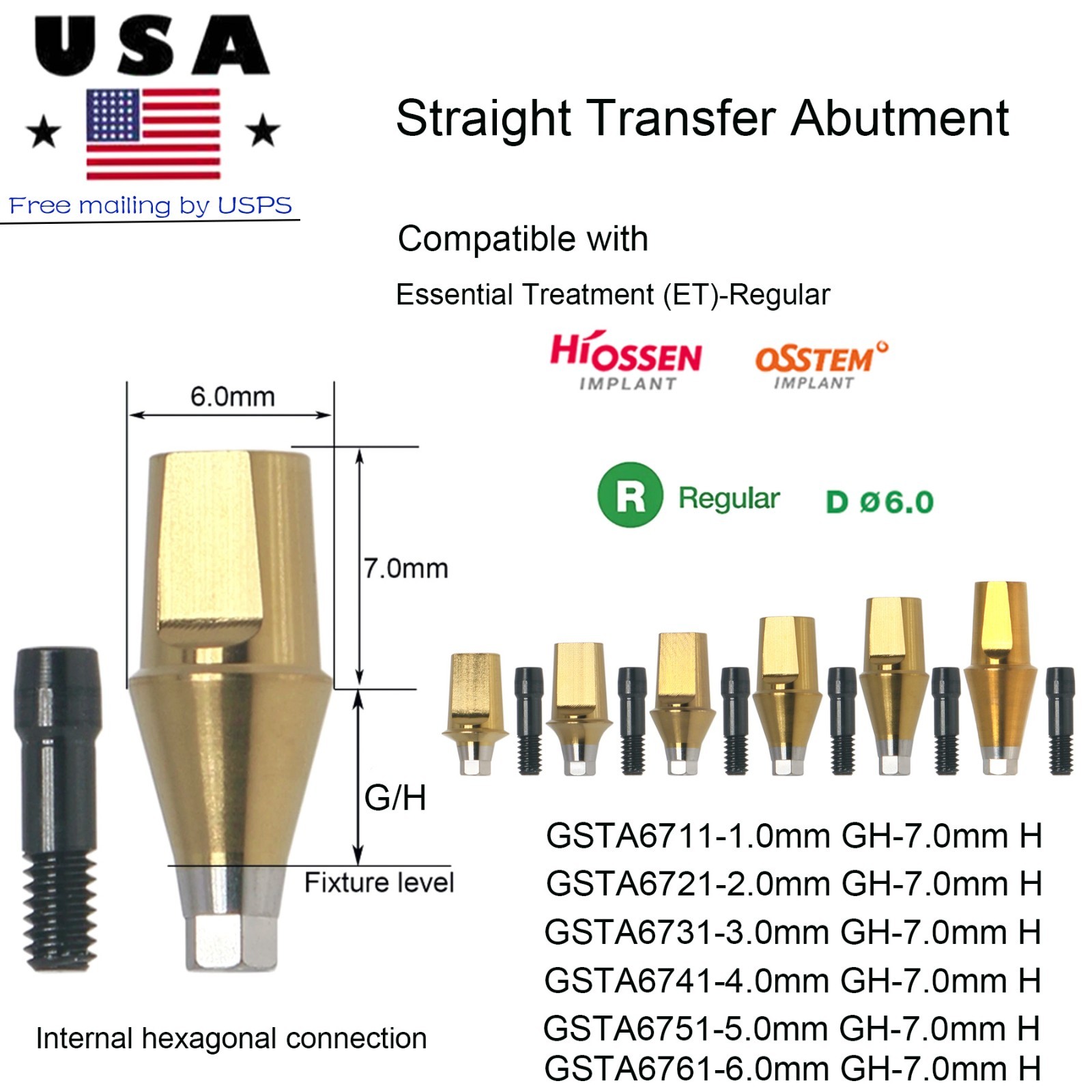 Hiossen ET Straight Ti Cemented Abutment M/S Hex 2.1/2.5mm Conical Replica Screw