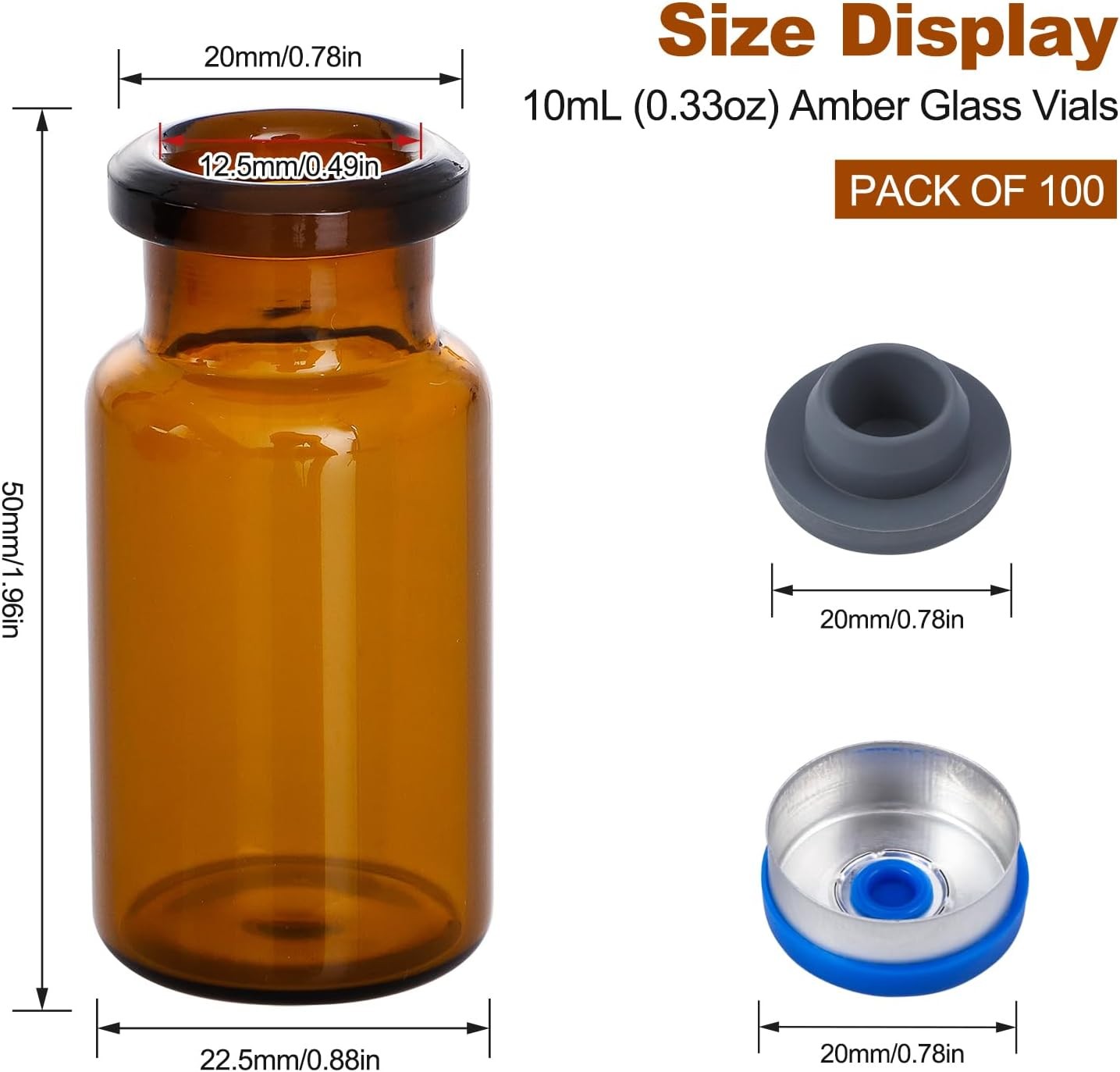 100Pcs 10ml Amber Glass Vials Headspace Vials w/ Flip Caps Sample Vials