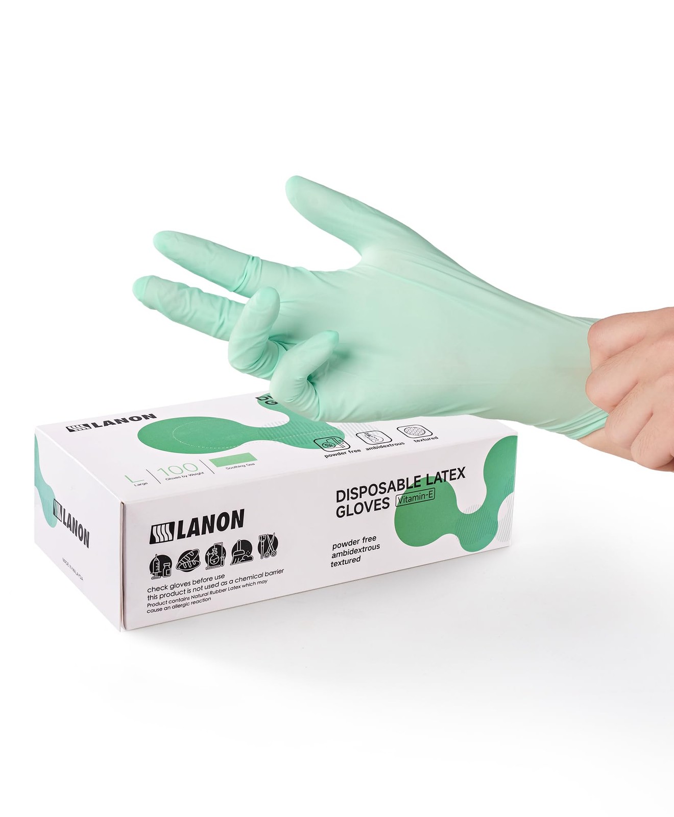 LANON Latex Disposable Gloves, 5 mil, Food~Contact, Fully Textured, Green M