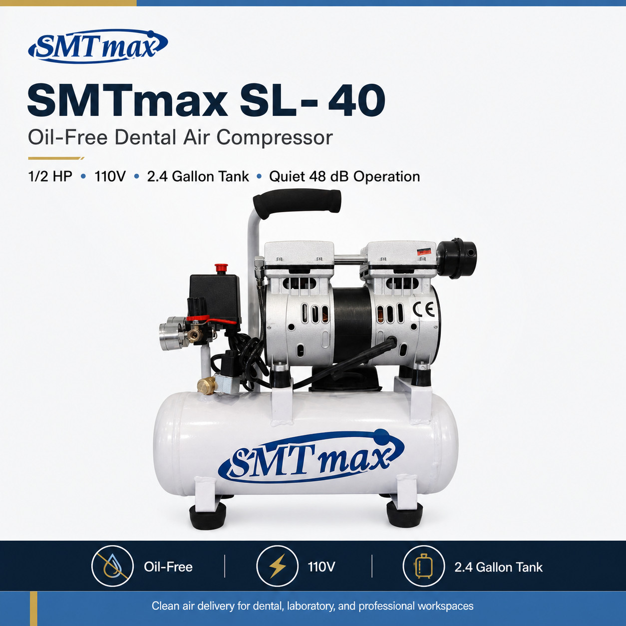 Oil-Free Dental Air Compressor 9L 110V Quiet 48dB 3.1 CFM SMTmax SL-40