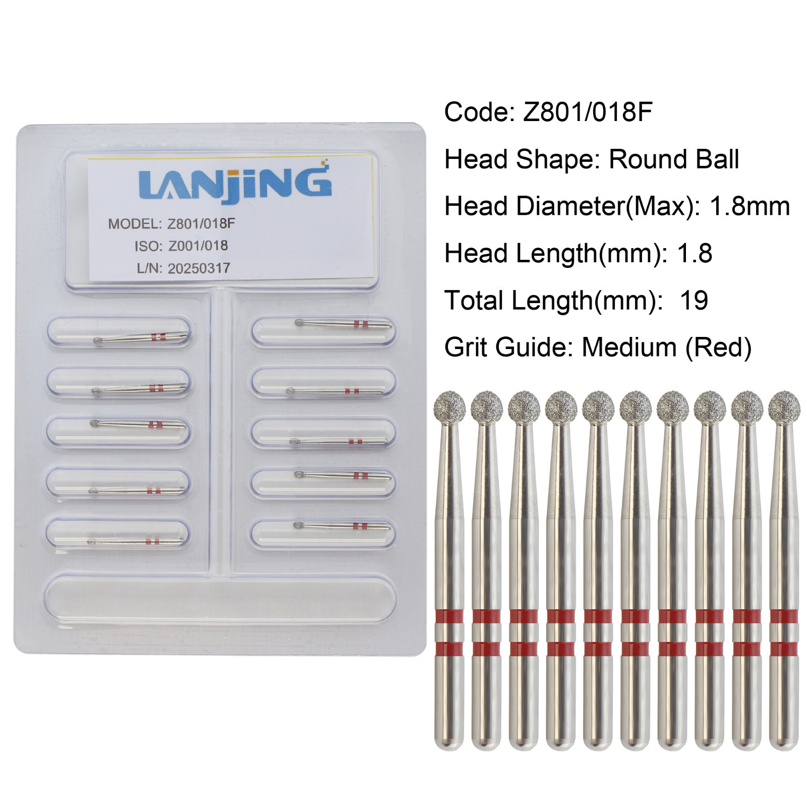 Dental Diamond Burs Zirconia Adjustment FrictionGrip Round Ball Z801 Fine Medium