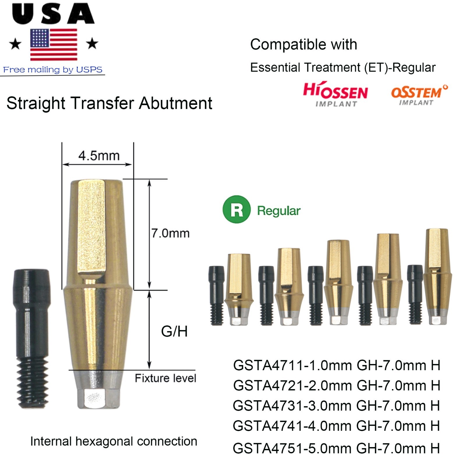 Hiossen ET Straight Ti Cemented Abutment M/S Hex 2.1/2.5mm Conical Replica Screw