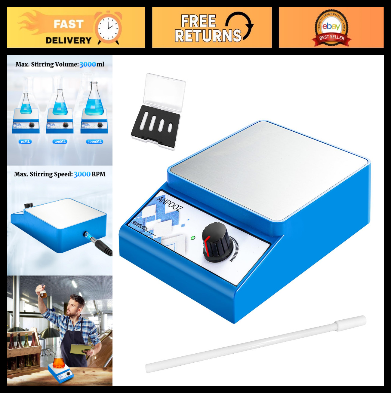 Magnetic Stirrer Set with 4 Stir Bars & Retriever, 3000mL Capacity, 3000RPM, Sta