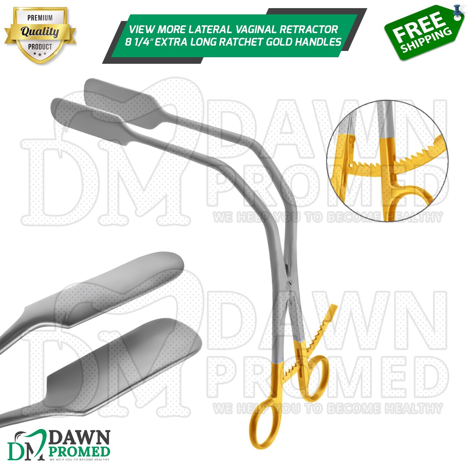 View More Lateral Vaginal Retractor 8 1/4″ Extra Long Thumb Ratchet Gold Handles