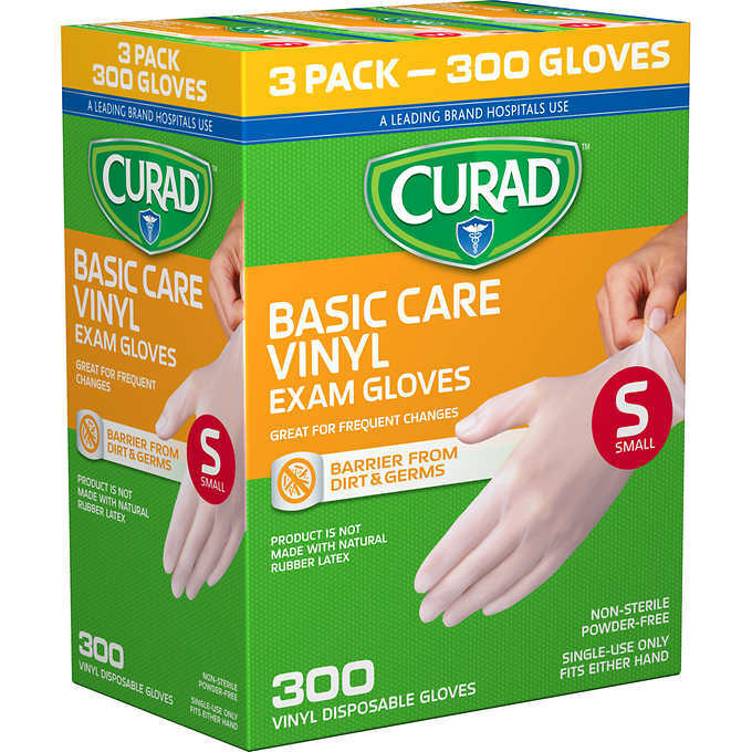 3 BOXES X 100 CURAD BASIC CARE VINYL EXAM GLOVES SMALL TOTAL 300 CT