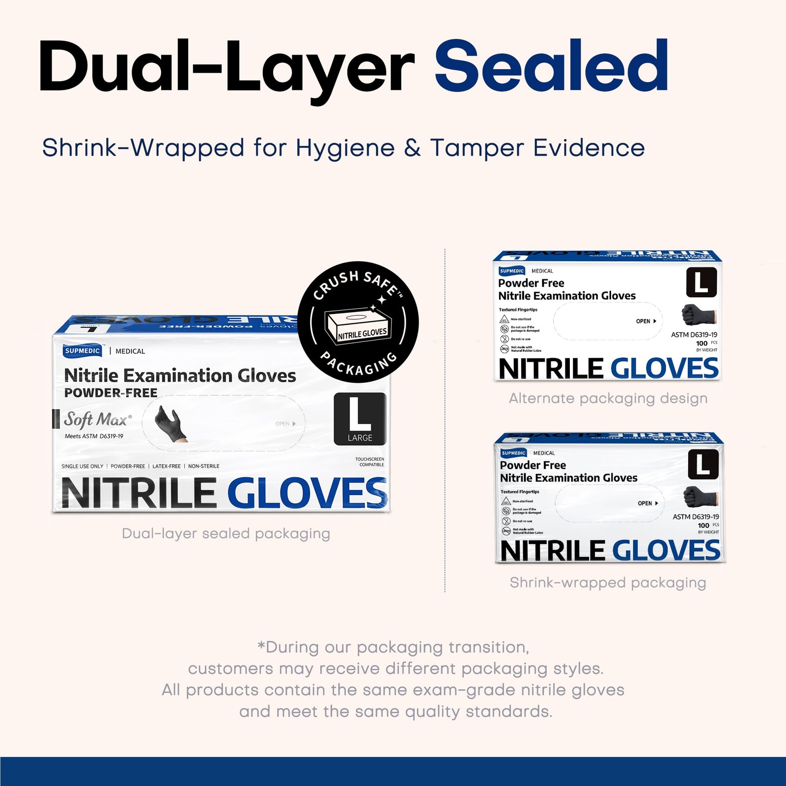 Supmedic Disposable Nitrile Gloves, Chemical Resistant, Large, Large (Black)