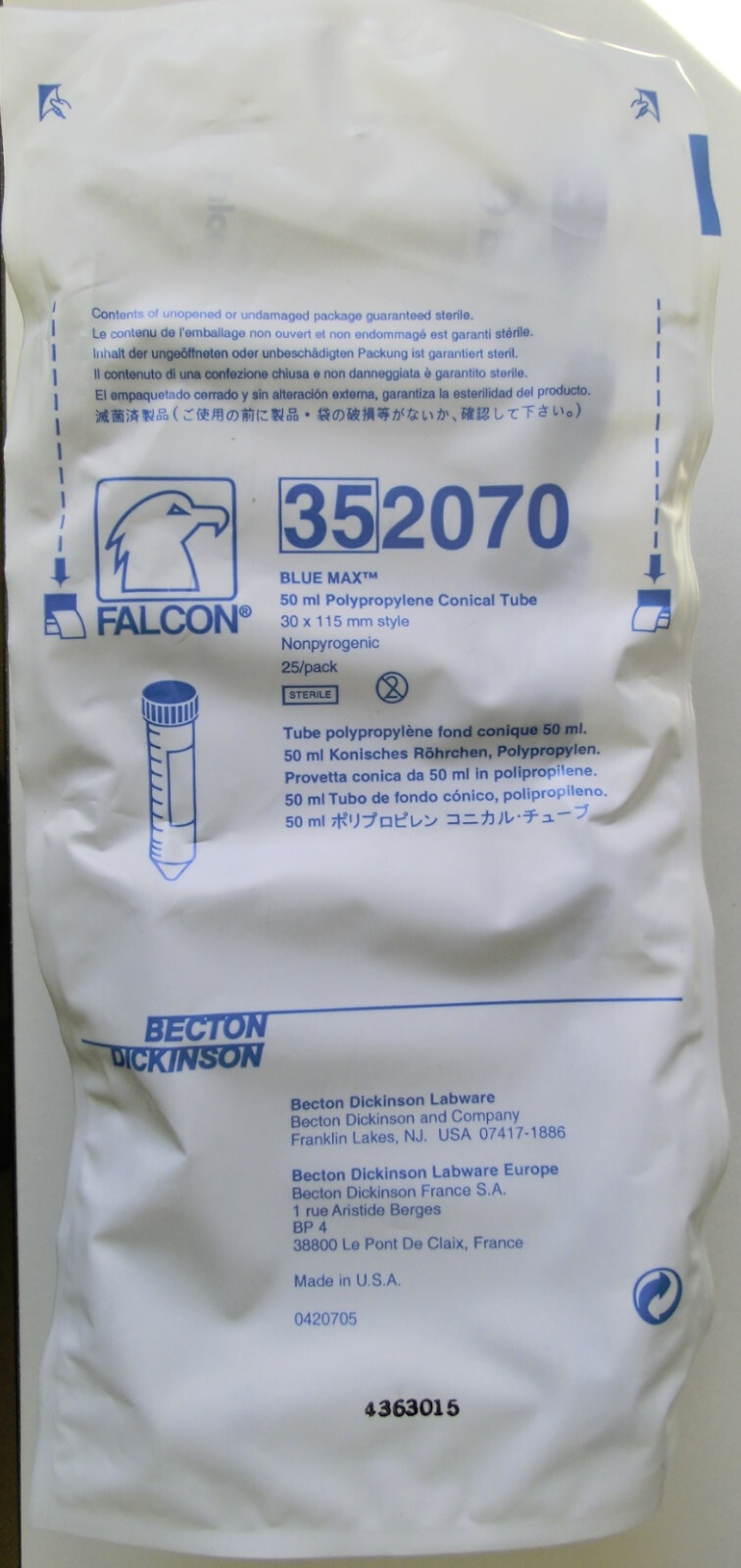 Pack of 25, Falcon, 352070, Blue Max, 50ml polypropylene conical tube, 30x115mm