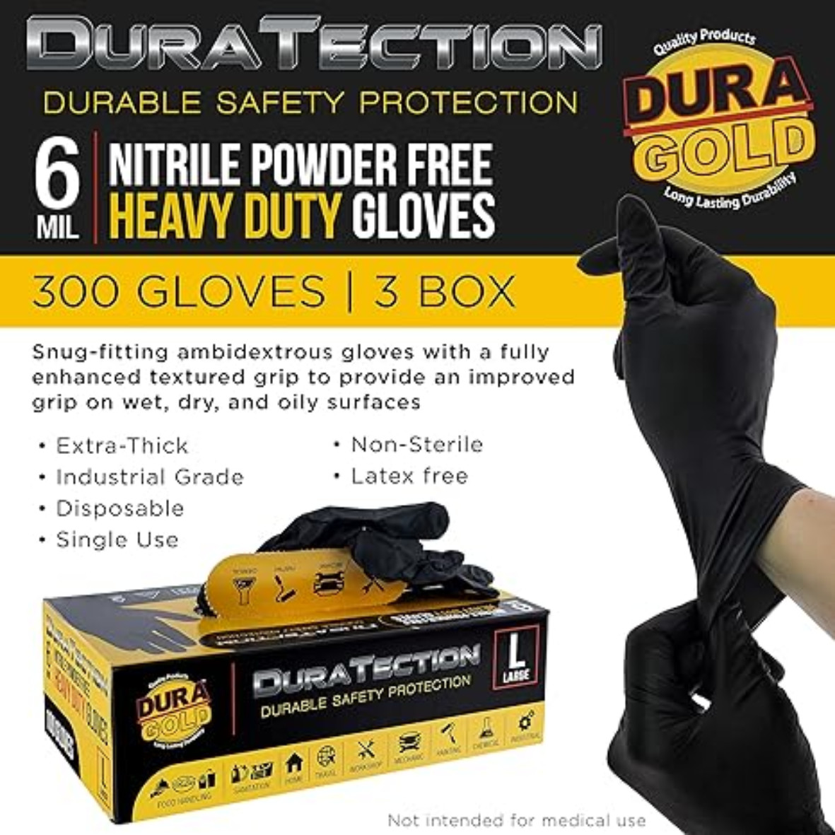 HD Black Nitrile Disposable Gloves, Box of 100, Size Large, 6 Mil