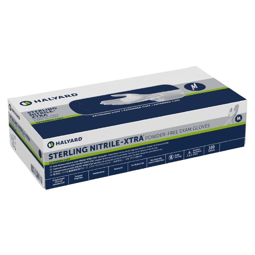 *200-Glove* Halyard Sterling Nitrile-XTRA PF Exam Extended Cuff 12″ Medium 53139